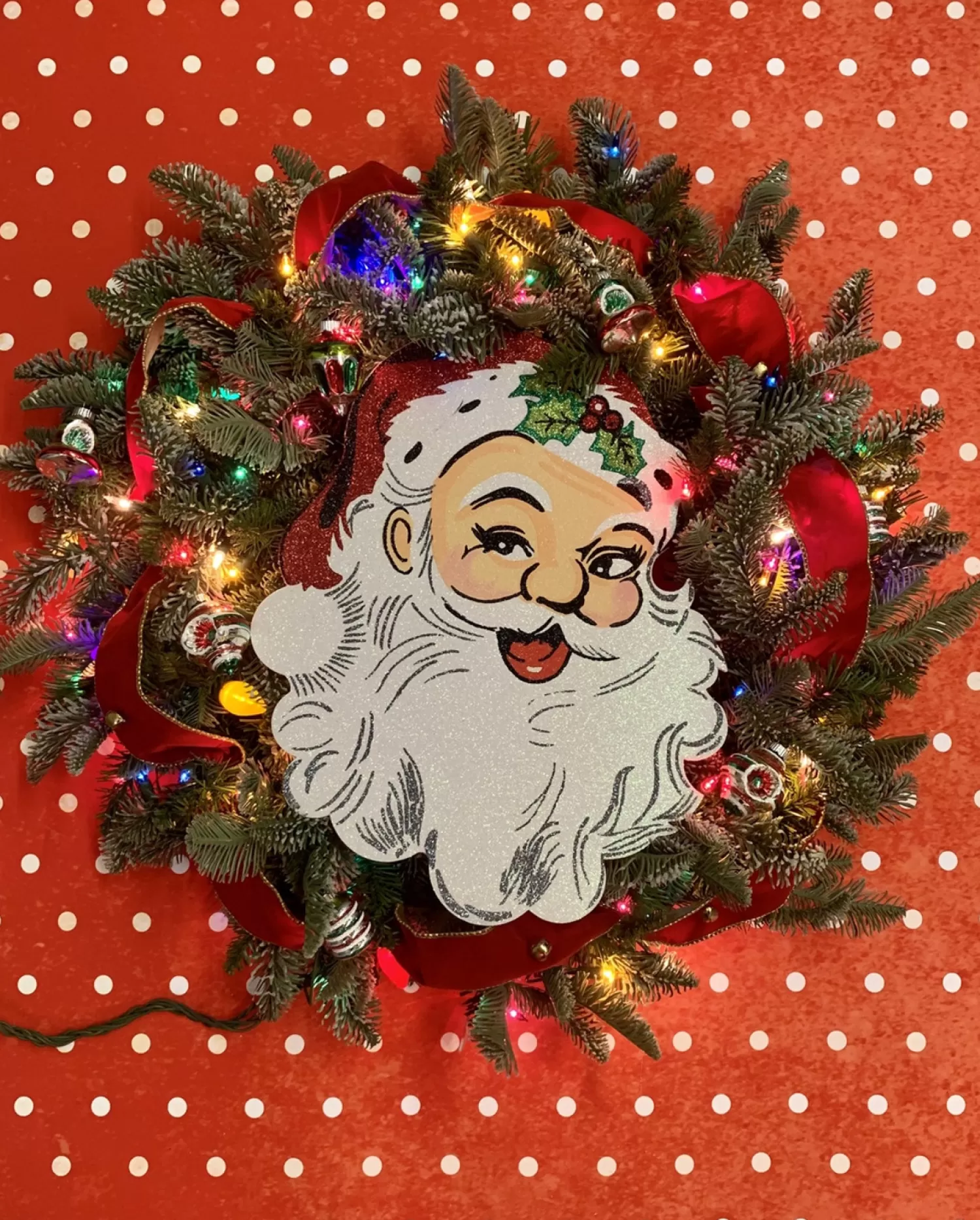 The Jolly Christmas Shop Vintage Decorations | Vintage Reincarnated | 30" Handmade Vintage Inspired Santa Lighted Wreath W/ Shiny Brite Ornaments