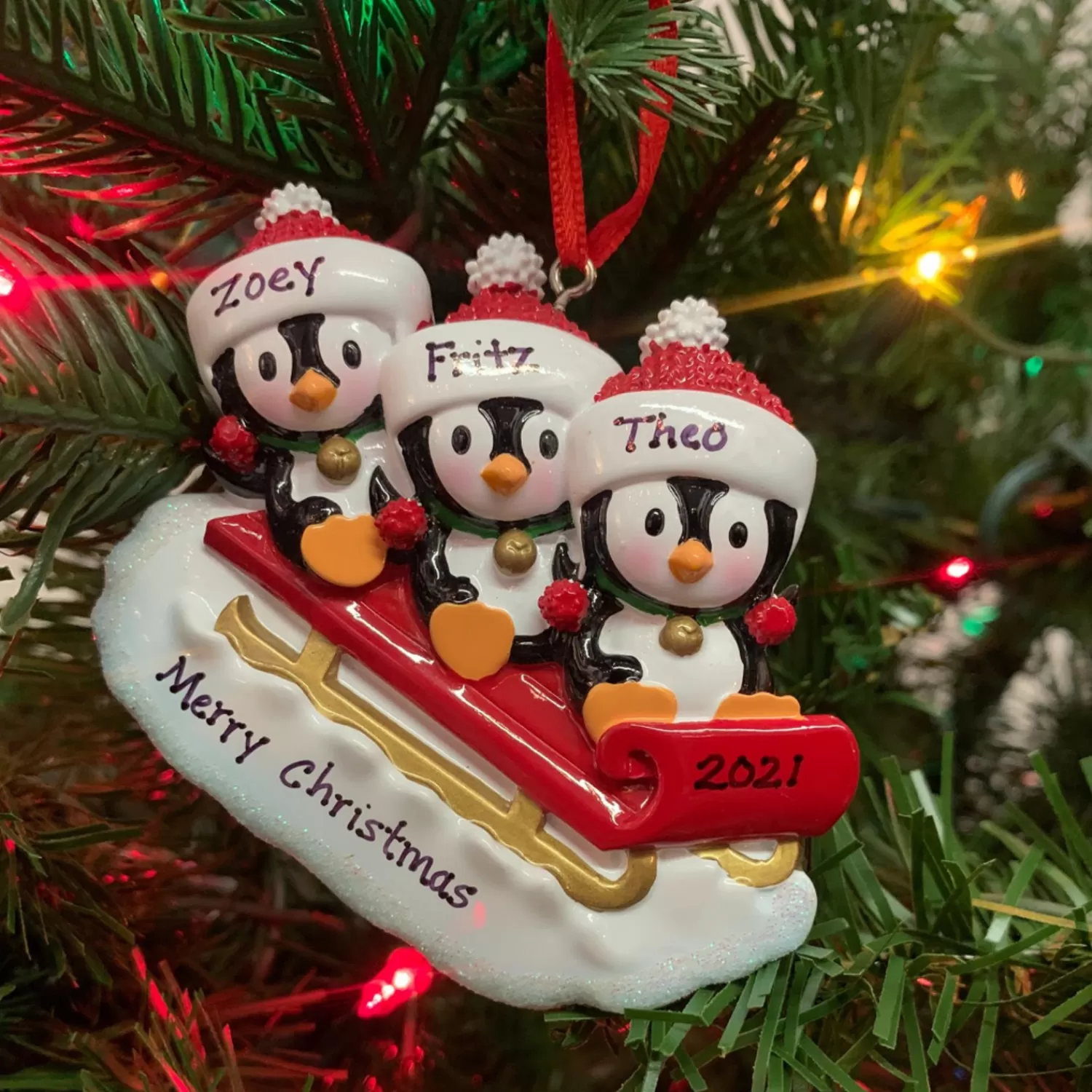 The Jolly Christmas Shop Personalized Ornaments·Family Ornaments | Animals·Birds | 3.75" Family Of 3 Penguins On Sled Personalized Christmas Ornament OR1915-3