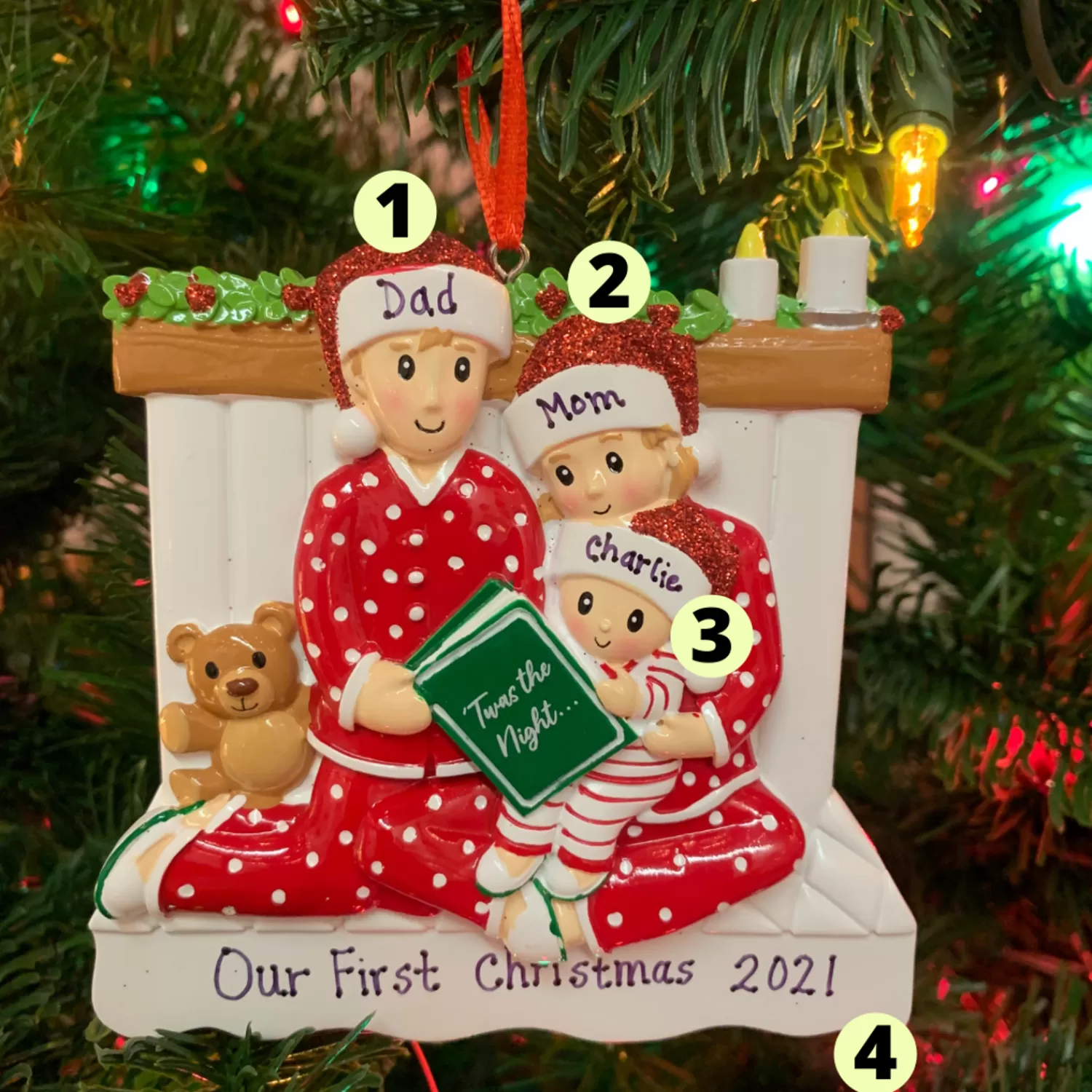 The Jolly Christmas Shop Personalized Ornaments·Family Ornaments | 4.25" Family Of 3 Reading In Bed Personalized Christmas Ornament OR2025-3