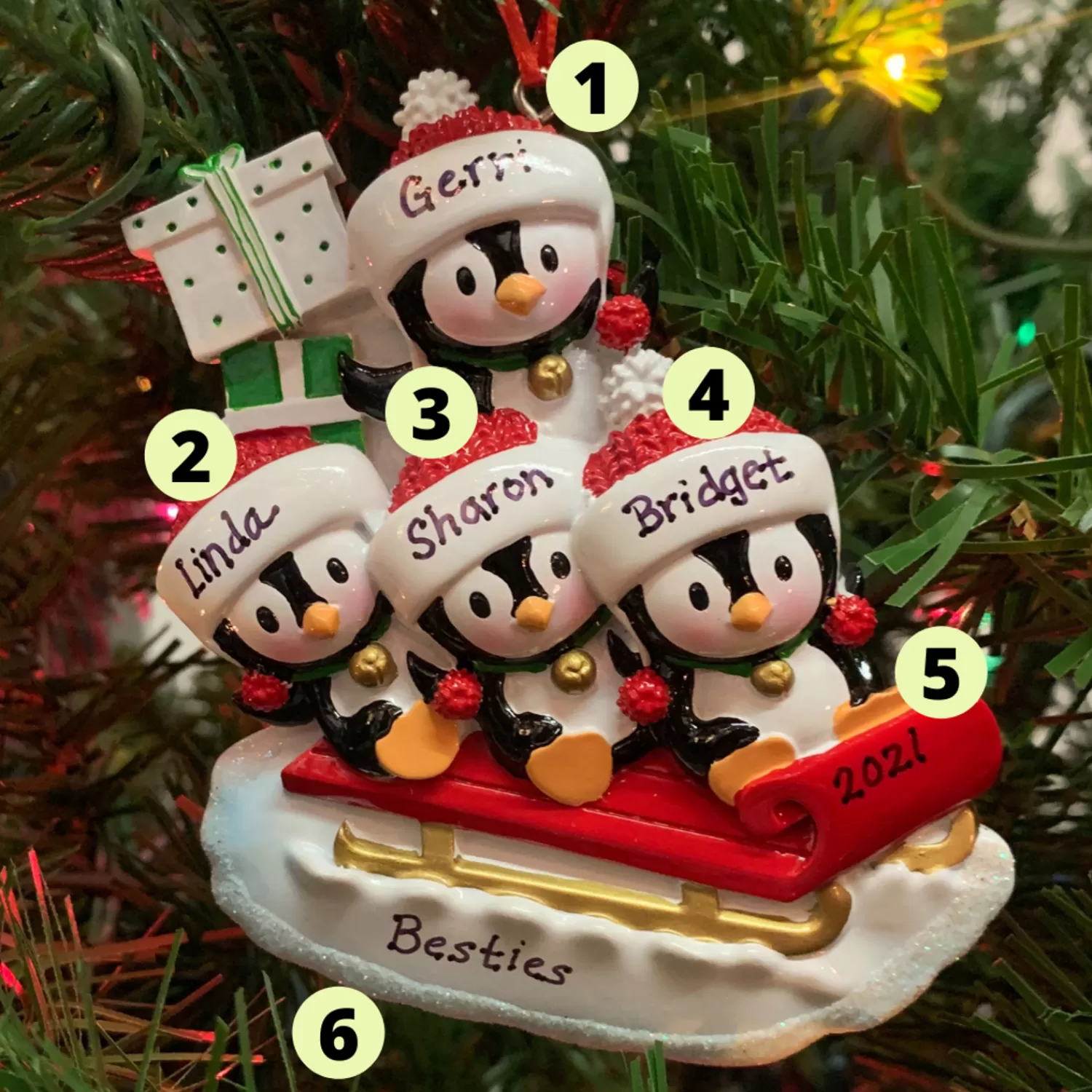 The Jolly Christmas Shop Personalized Ornaments·Family Ornaments | Animals·Birds | 4.25" Family Of 4 Penguins On Sled Personalized Christmas Ornament OR1915-4