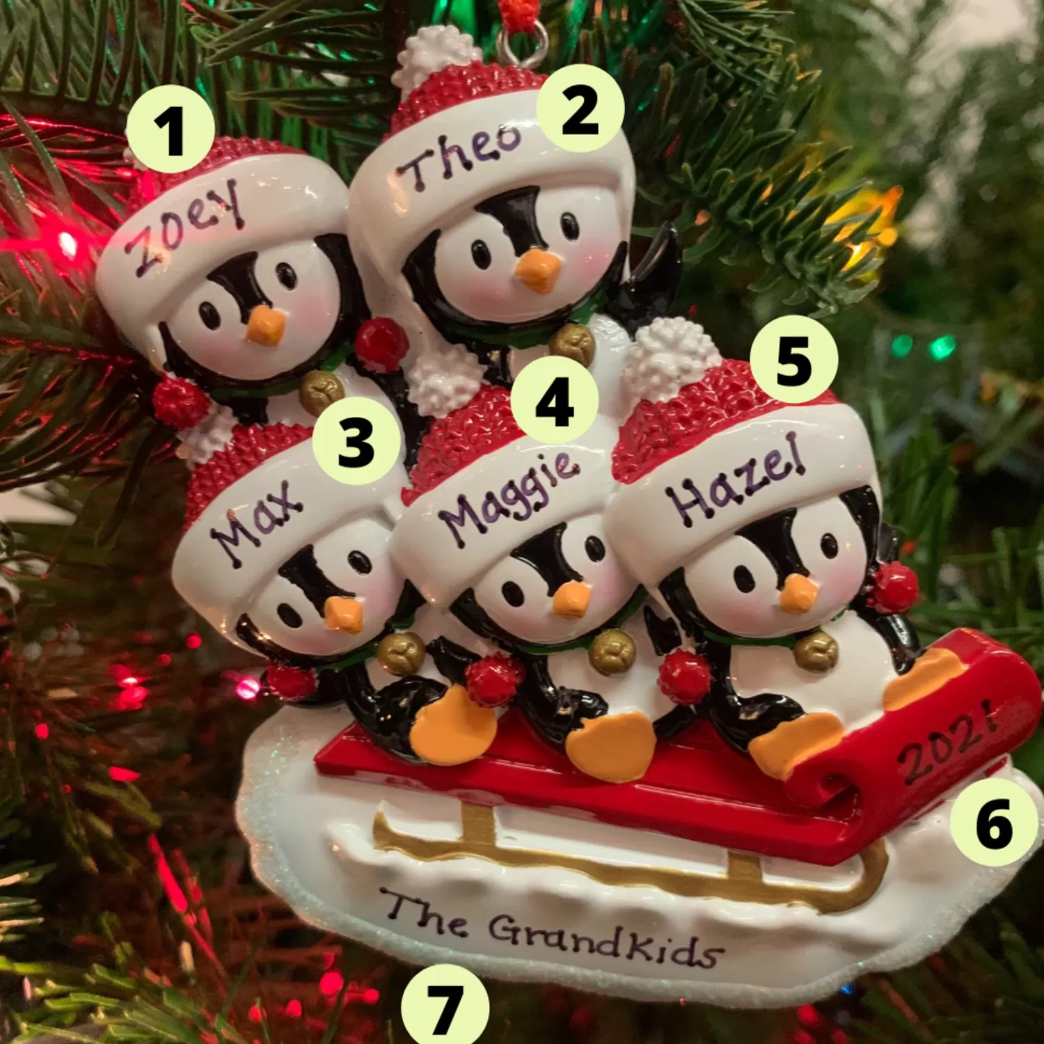 The Jolly Christmas Shop Personalized Ornaments·Family Ornaments | Animals·Birds | 4.25" Family Of 5 Penguins On Sled Personalized Christmas Ornament OR1915-5