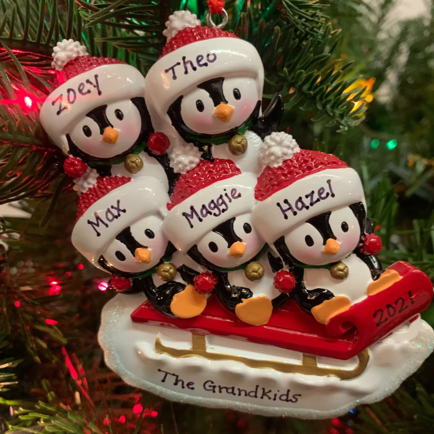 The Jolly Christmas Shop Personalized Ornaments·Family Ornaments | Animals·Birds | 4.25" Family Of 5 Penguins On Sled Personalized Christmas Ornament OR1915-5
