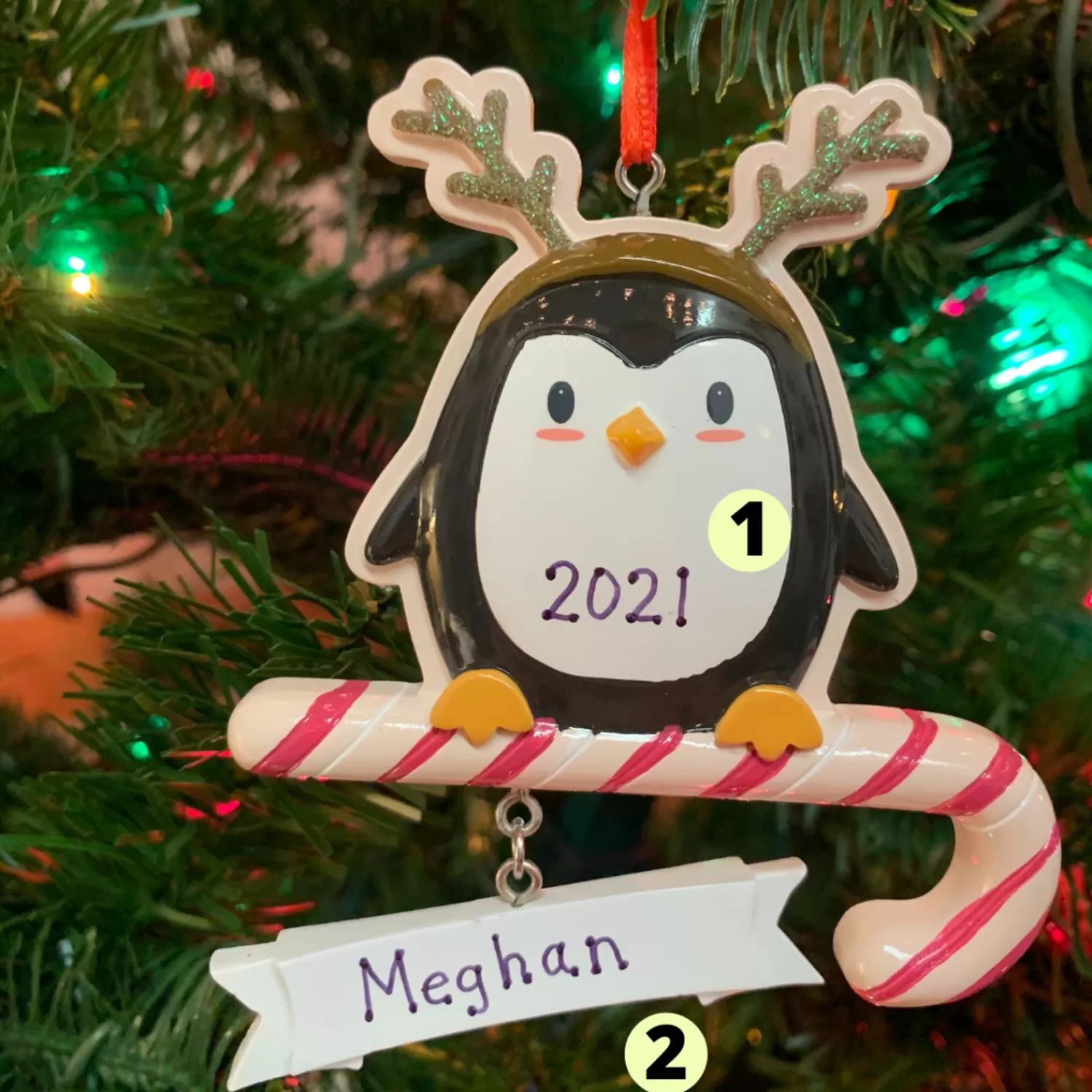 The Jolly Christmas Shop Personalized Ornaments·Misc. | Animals·Reindeer | 4.25" Penguin Pretender Wearing Antlers Personalized Christmas Ornament OR2185
