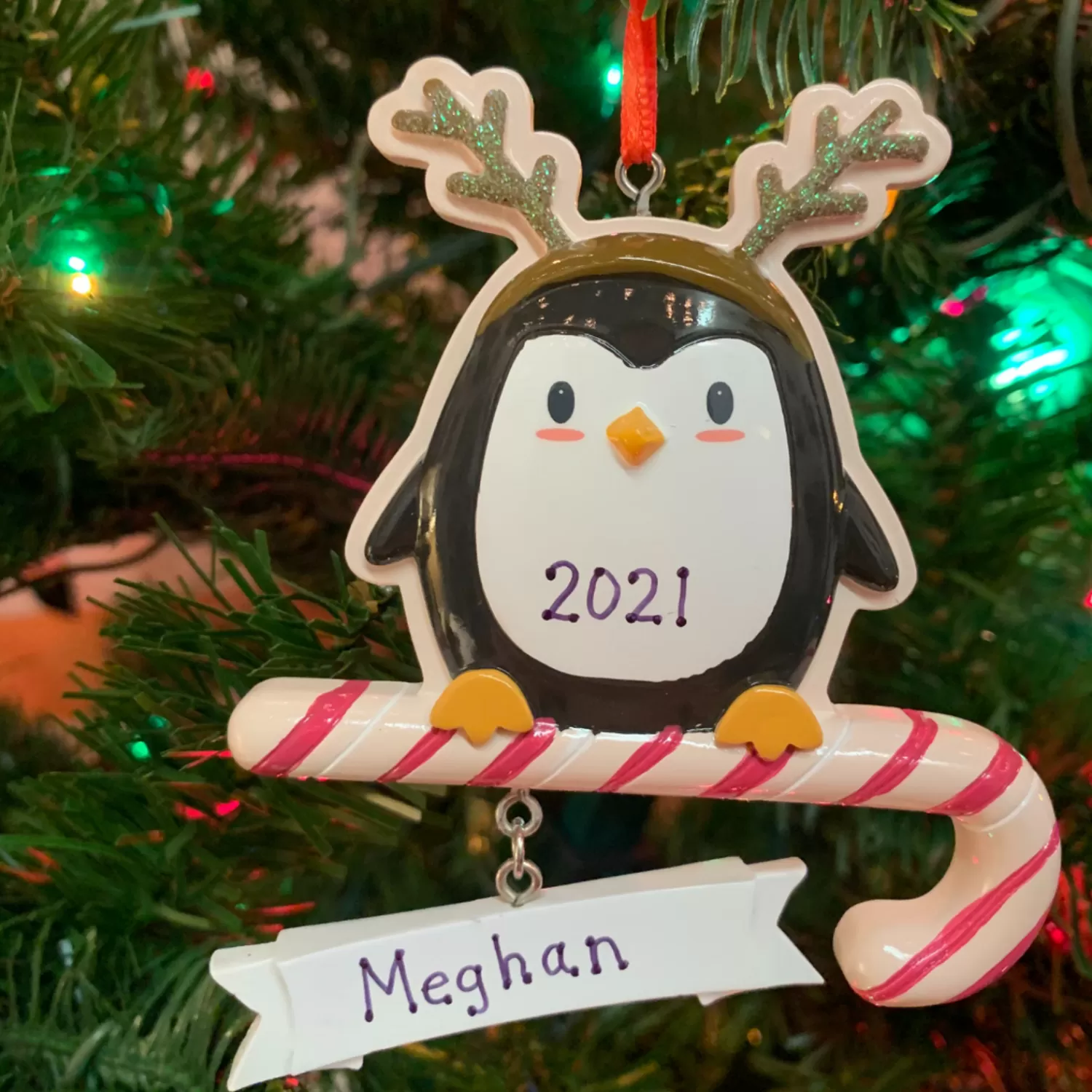 The Jolly Christmas Shop Personalized Ornaments·Misc. | Animals·Reindeer | 4.25" Penguin Pretender Wearing Antlers Personalized Christmas Ornament OR2185