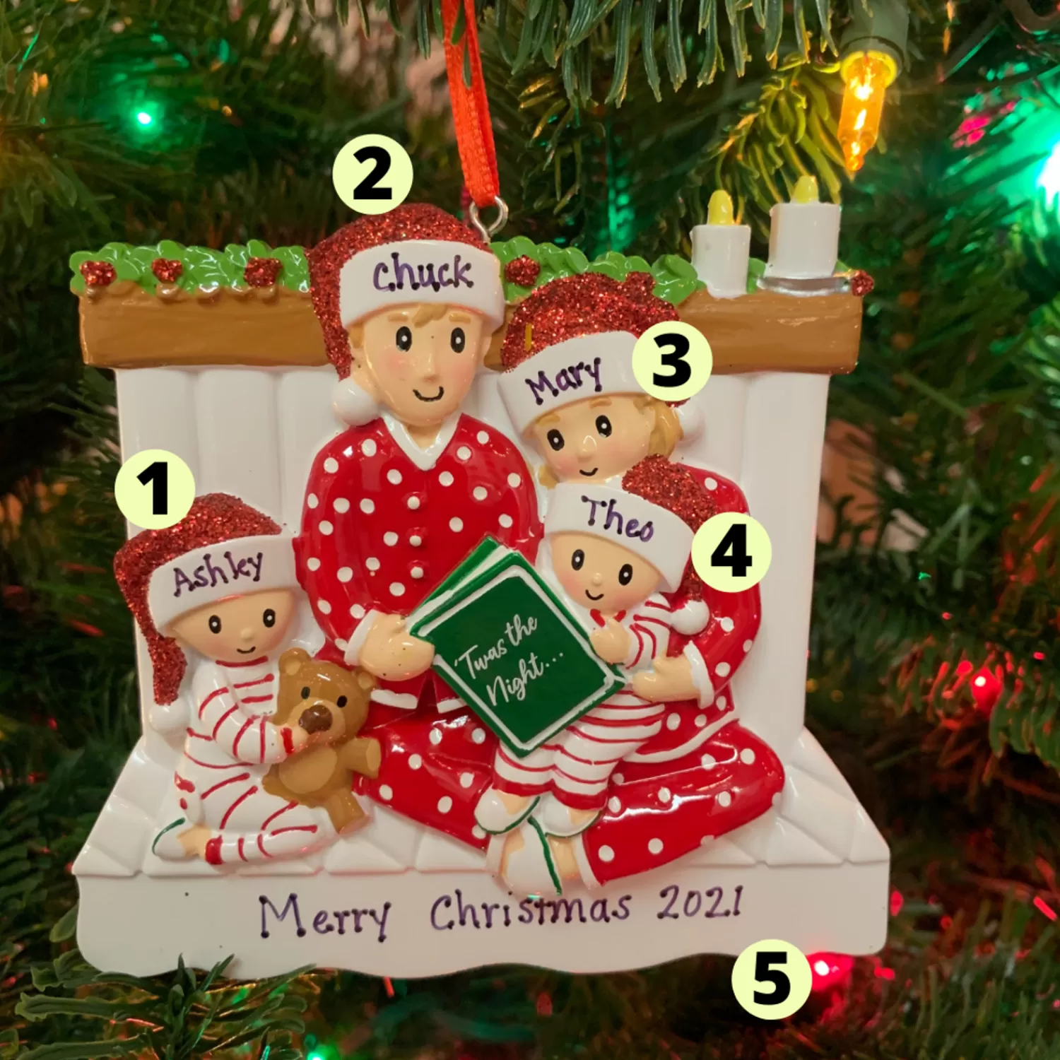 The Jolly Christmas Shop Personalized Ornaments·Family Ornaments | 4.5" Family Of 4 Reading In Bed Personalized Christmas Ornament OR2025-4