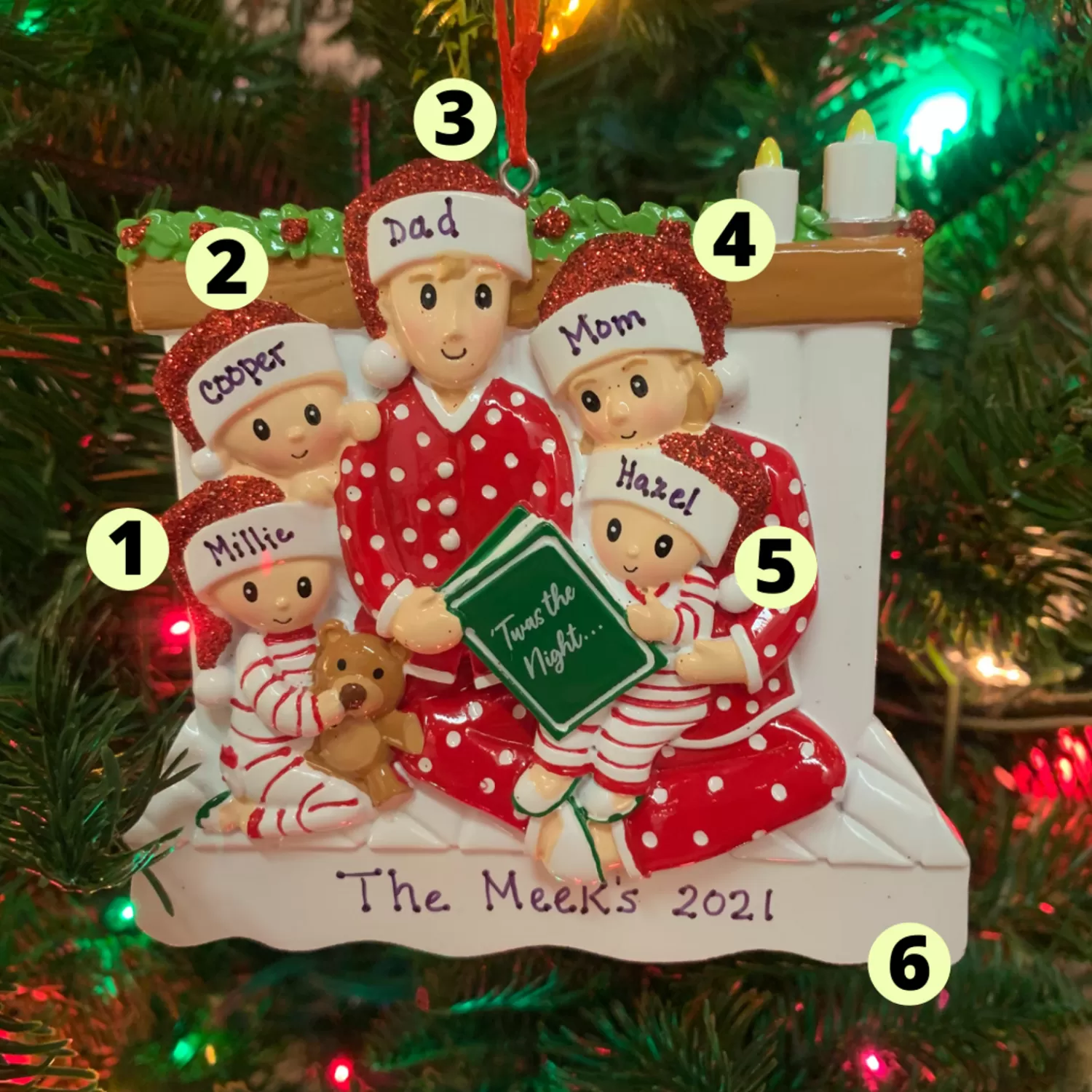 The Jolly Christmas Shop Personalized Ornaments·Family Ornaments | 4.5" Family Of 5 Reading In Bed Personalized Christmas Ornament OR2025-5