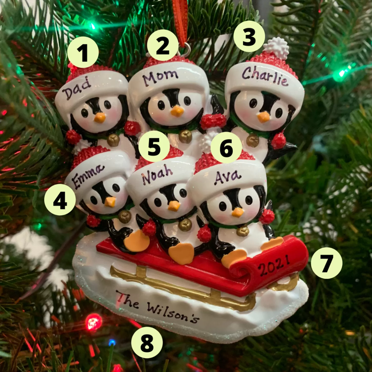 The Jolly Christmas Shop Personalized Ornaments·Family Ornaments | Animals·Birds | 4.5" Family Of 6 Penguins On Sled Personalized Christmas Ornament OR1915-6
