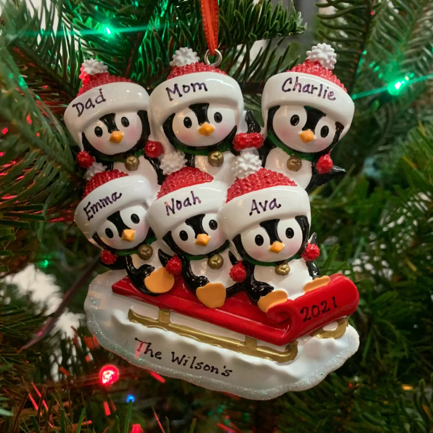 The Jolly Christmas Shop Personalized Ornaments·Family Ornaments | Animals·Birds | 4.5" Family Of 6 Penguins On Sled Personalized Christmas Ornament OR1915-6