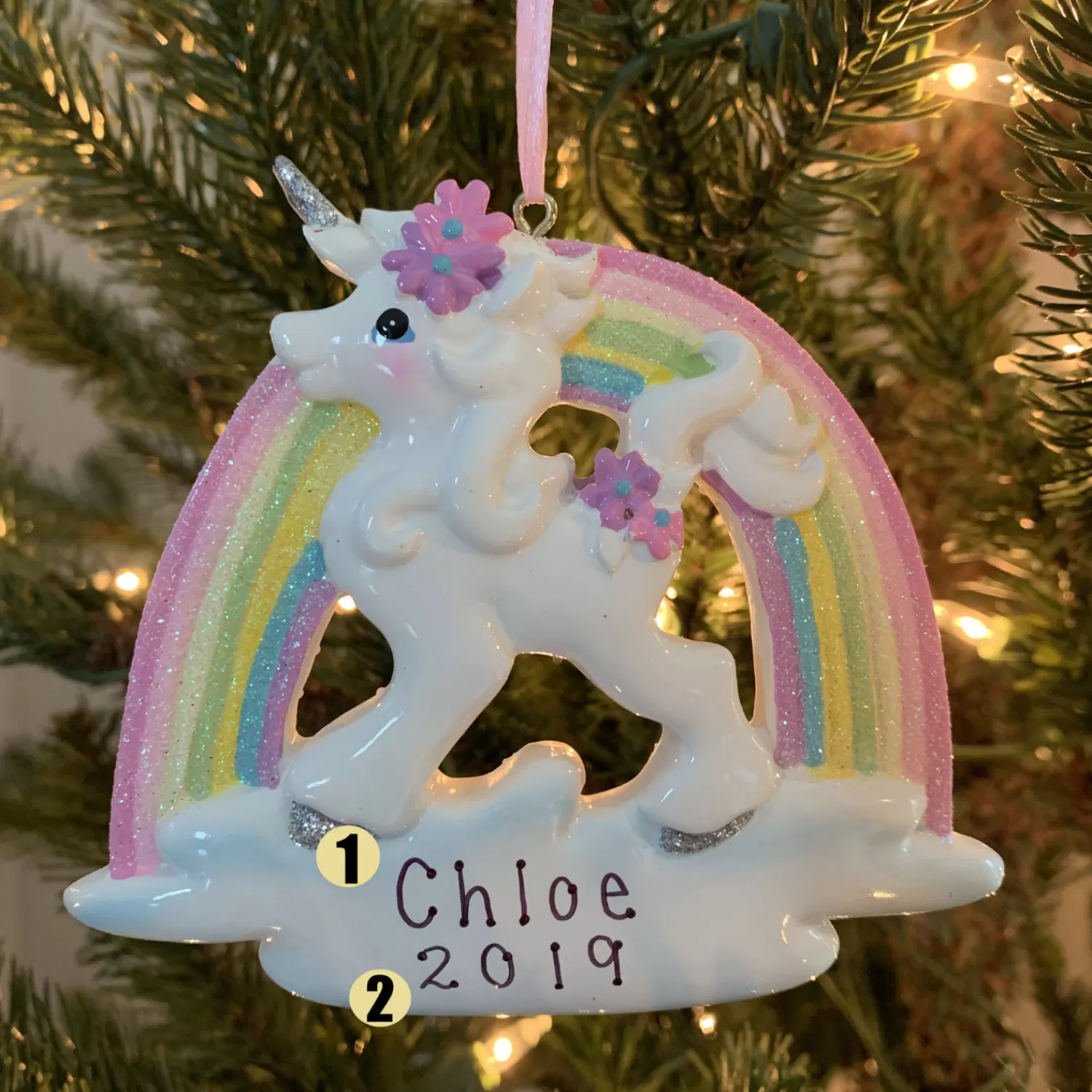 The Jolly Christmas Shop Personalized Ornaments·Children's | Animals·Miscellaneous | 4.5" Unicorn And Rainbow Personalized Christmas Ornament W8457