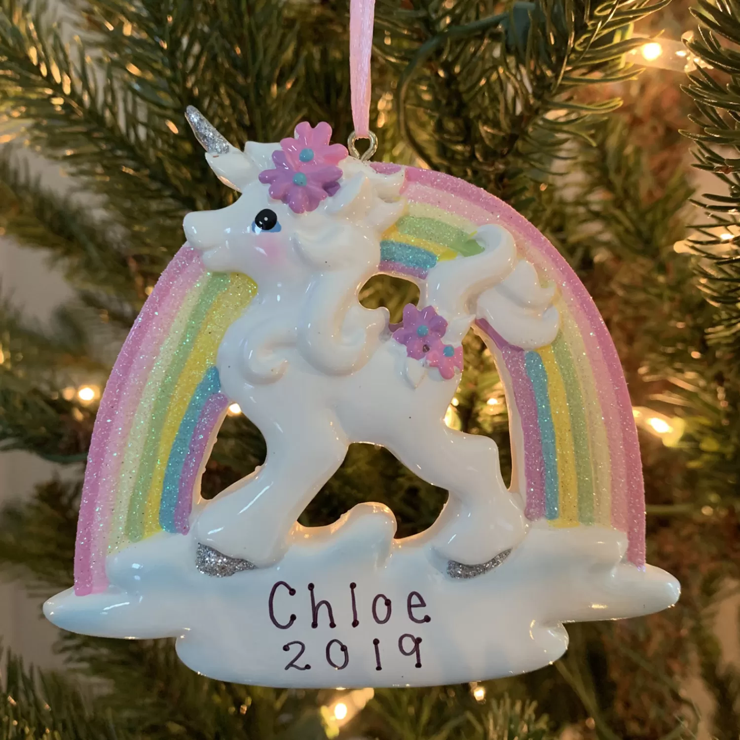 The Jolly Christmas Shop Personalized Ornaments·Children's | Animals·Miscellaneous | 4.5" Unicorn And Rainbow Personalized Christmas Ornament W8457