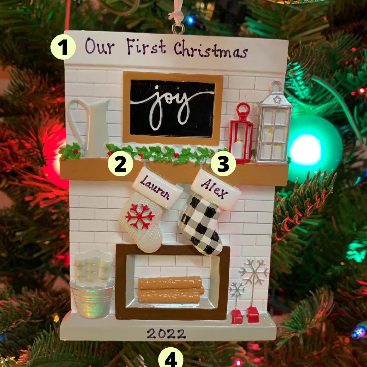 The Jolly Christmas Shop Personalized Ornaments·Family Ornaments | 5" Fireplace Mantle Couple Stockings Personalized Christmas Ornament OR2030-2