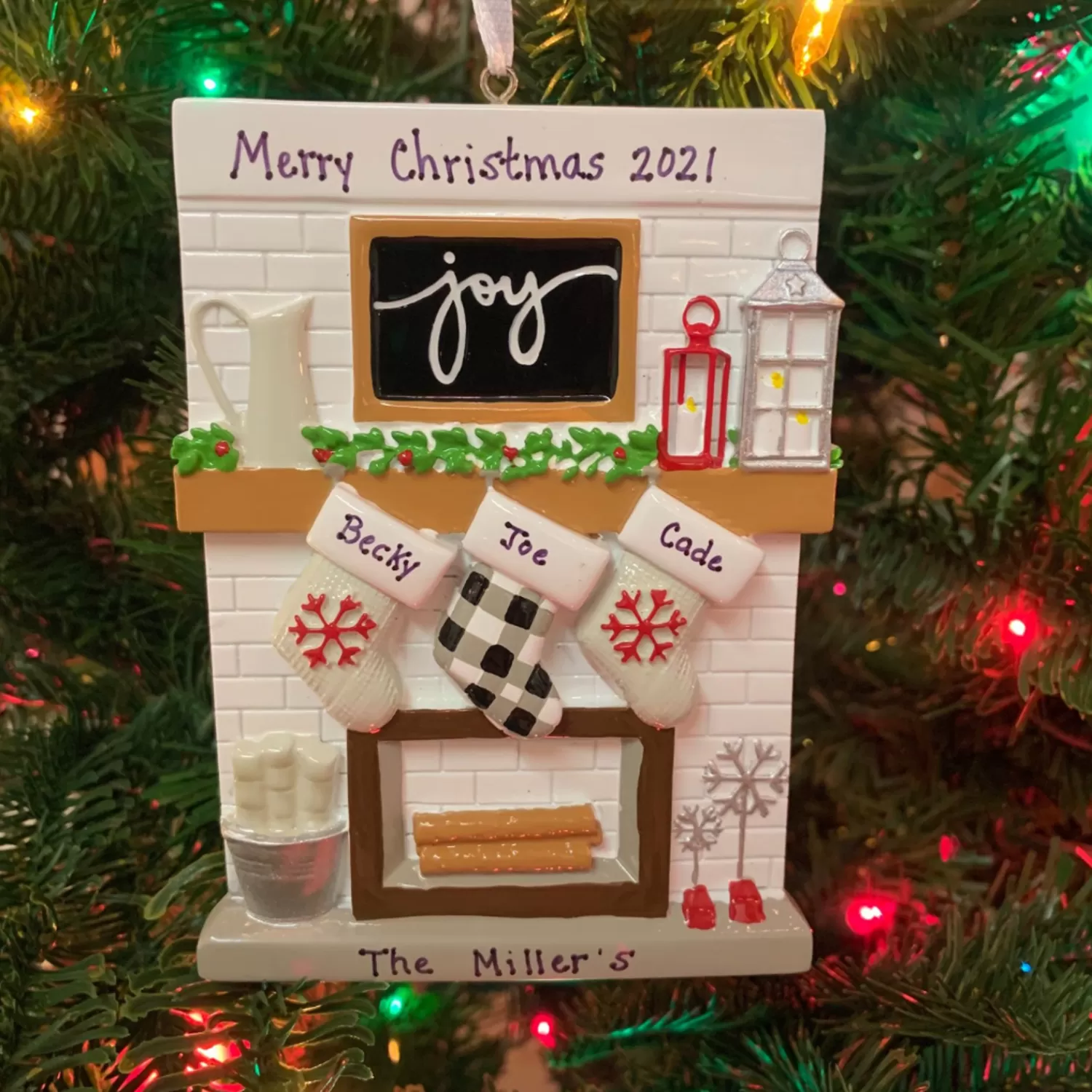 The Jolly Christmas Shop Personalized Ornaments·Family Ornaments | 5" Fireplace Mantle Stocking Family Of 3 Personalized Christmas Ornament OR2030-3
