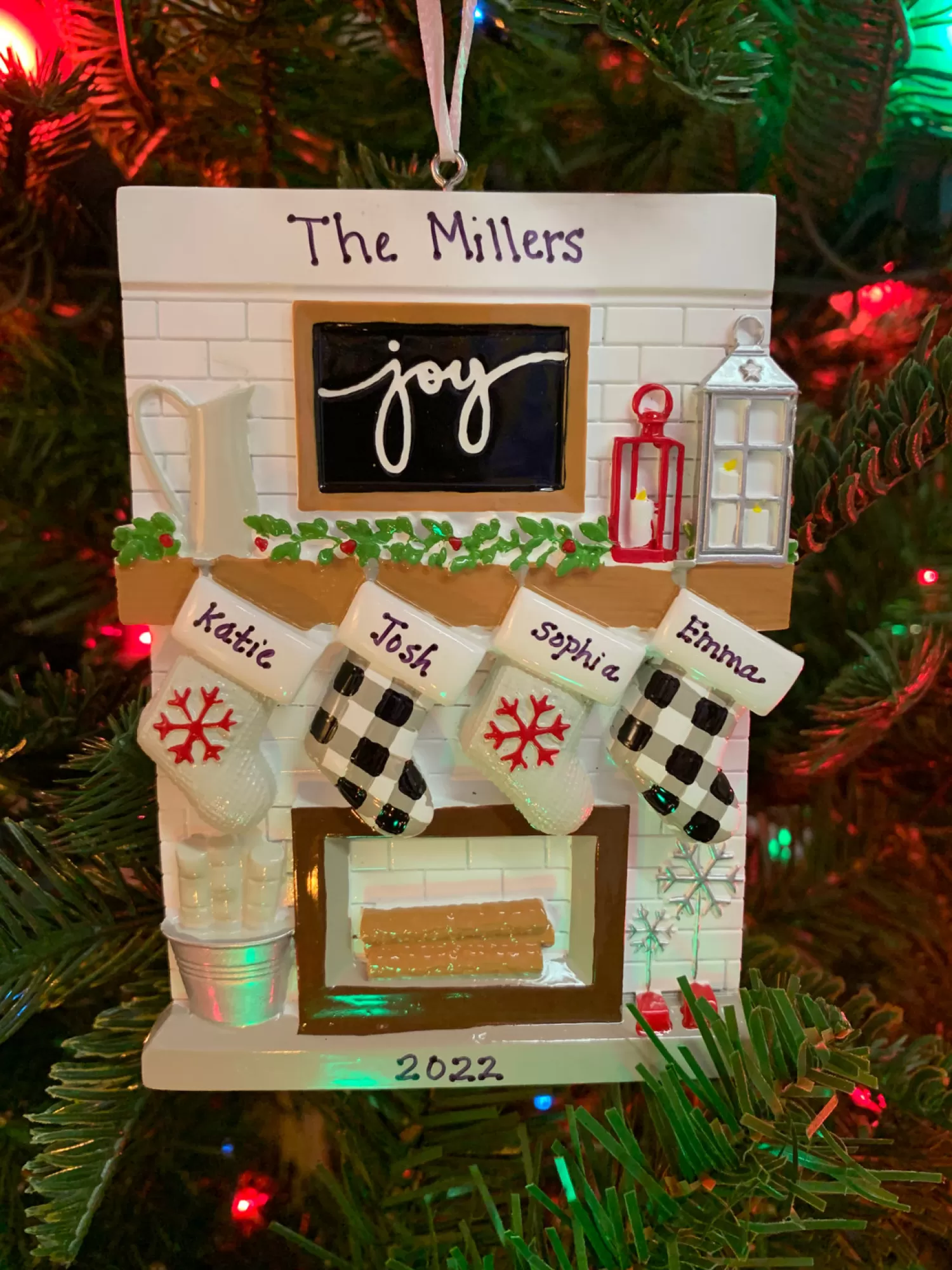 The Jolly Christmas Shop Personalized Ornaments·Family Ornaments | 5" Fireplace Mantle Stocking Family Of 4 Personalized Christmas Ornament OR2030-4