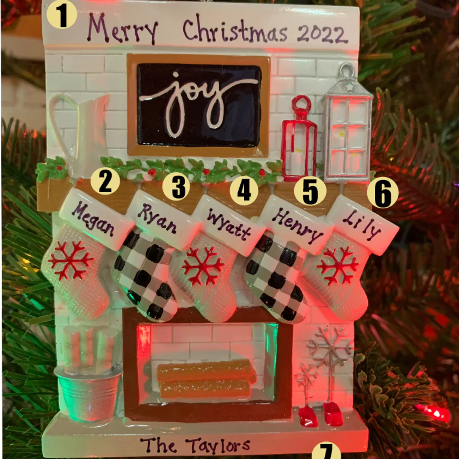 The Jolly Christmas Shop Personalized Ornaments·Family Ornaments | 5" Fireplace Mantle Stocking Family Of 5 Personalized Christmas Ornament OR2030-5