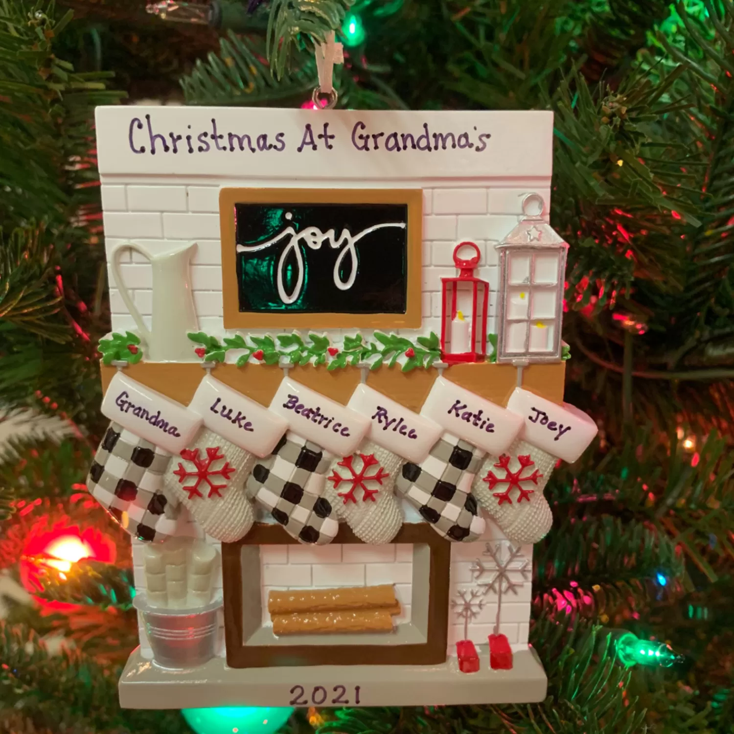 The Jolly Christmas Shop Personalized Ornaments·Family Ornaments | 5" Fireplace Mantle Stocking Family Of 6 Personalized Christmas Ornament OR2030-6