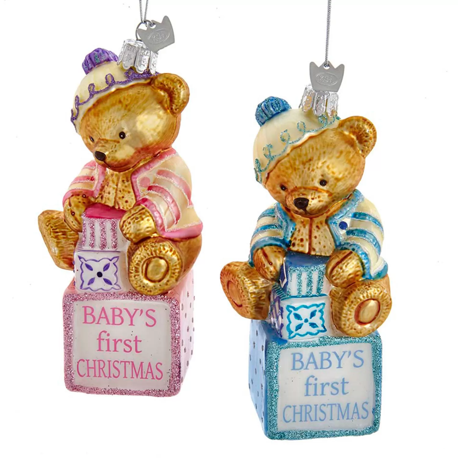 The Jolly Christmas Shop Pink Christmas Decorations | Glass Ornaments | 5" Noble Gems Pink Or Blue Baby's First Christmas Baby Bear Glass Christmas Ornament NB1675
