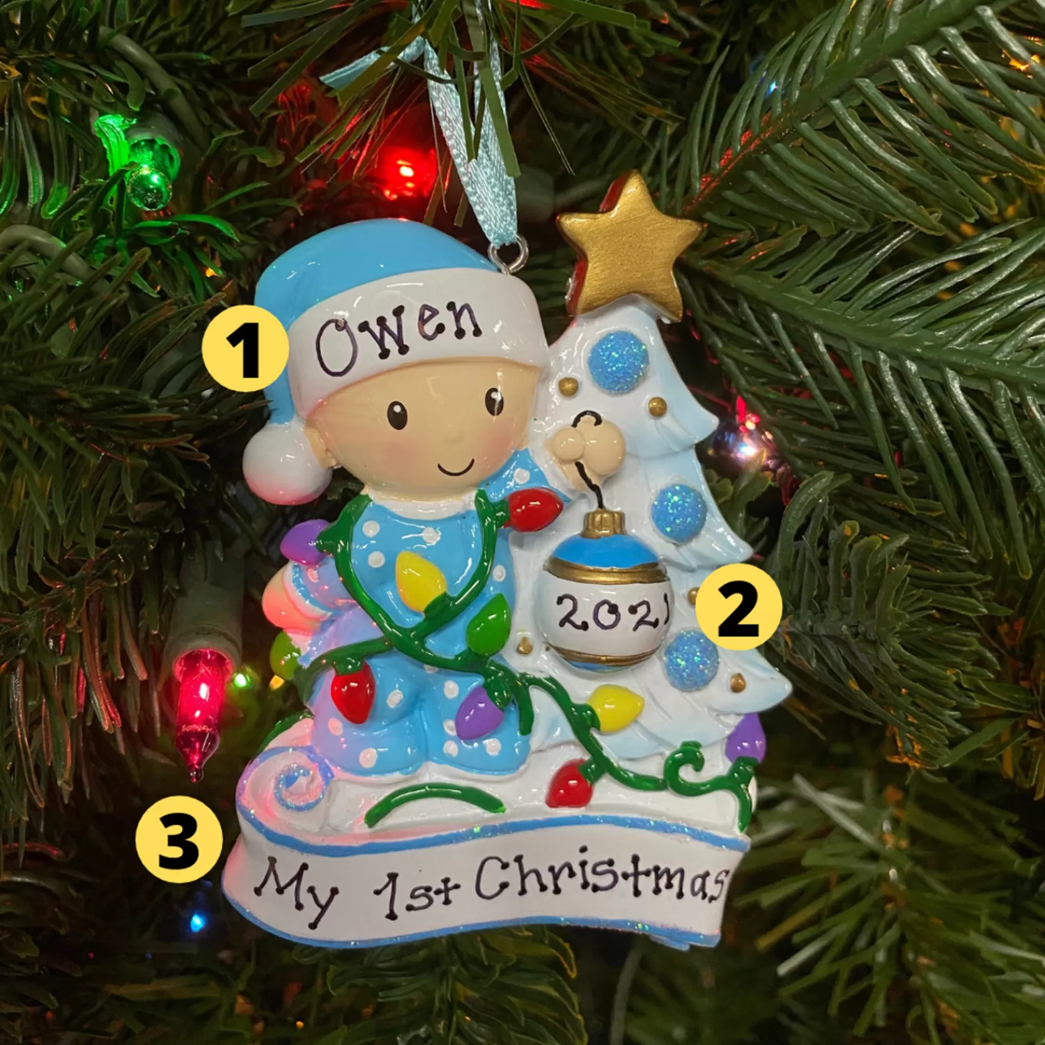 The Jolly Christmas Shop Personalized Ornaments·Baby's First Christmas | Baby's 1St Christmas | Baby Decorating A Tree Blue Personalized Christmas Ornament OR1847-B