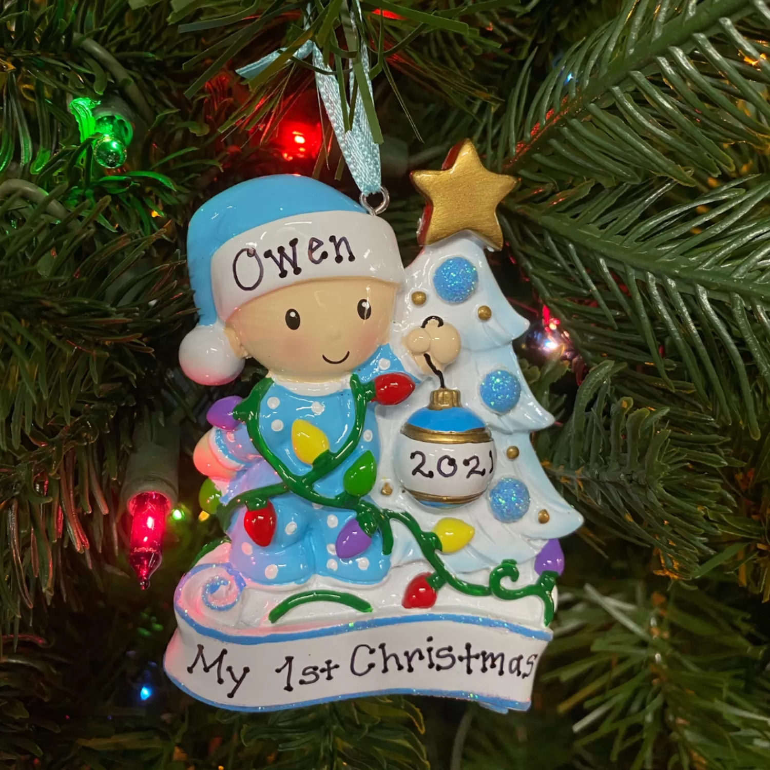 The Jolly Christmas Shop Personalized Ornaments·Baby's First Christmas | Baby's 1St Christmas | Baby Decorating A Tree Blue Personalized Christmas Ornament OR1847-B