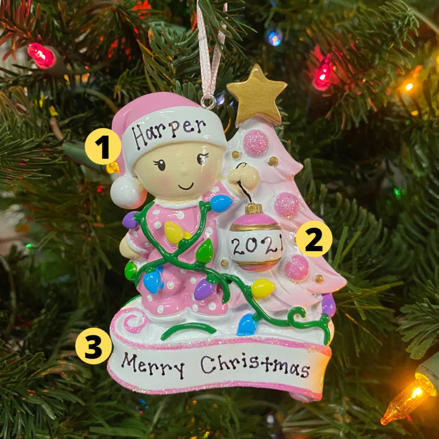 The Jolly Christmas Shop Pink Christmas Decorations | Personalized Ornaments·Baby's First Christmas | Baby Decorating A Tree Pink Personalized Christmas Ornament OR1847-P