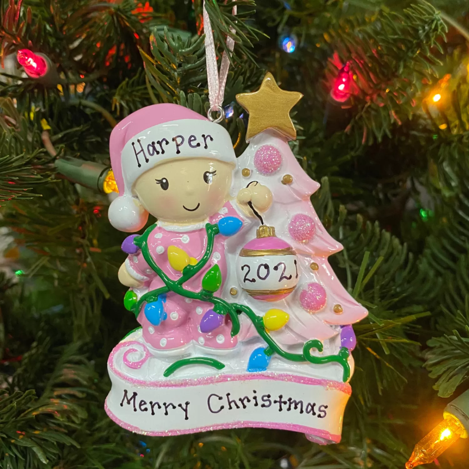 The Jolly Christmas Shop Pink Christmas Decorations | Personalized Ornaments·Baby's First Christmas | Baby Decorating A Tree Pink Personalized Christmas Ornament OR1847-P
