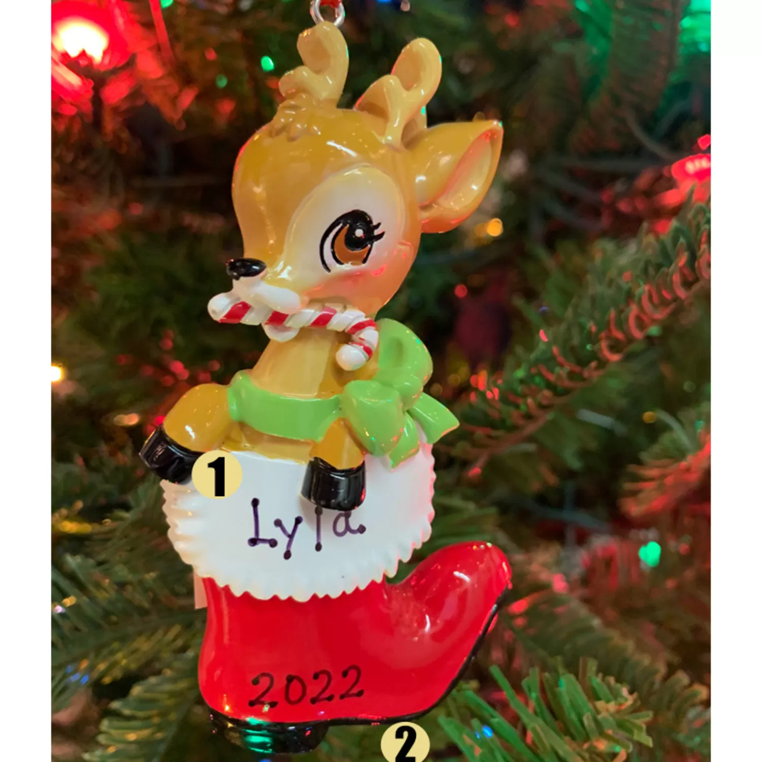 The Jolly Christmas Shop Personalized Ornaments·Pet | Personalized Ornaments·Children's | Baby Deer In Boot Personalized Christmas Ornament OR2393-RG