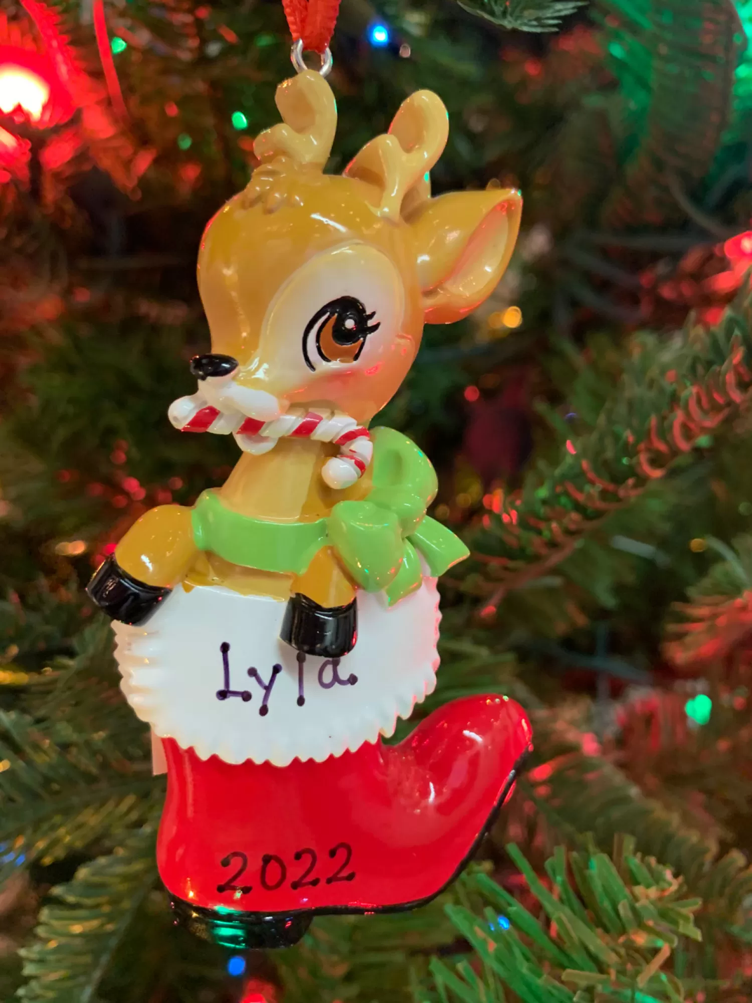 The Jolly Christmas Shop Personalized Ornaments·Pet | Personalized Ornaments·Children's | Baby Deer In Boot Personalized Christmas Ornament OR2393-RG