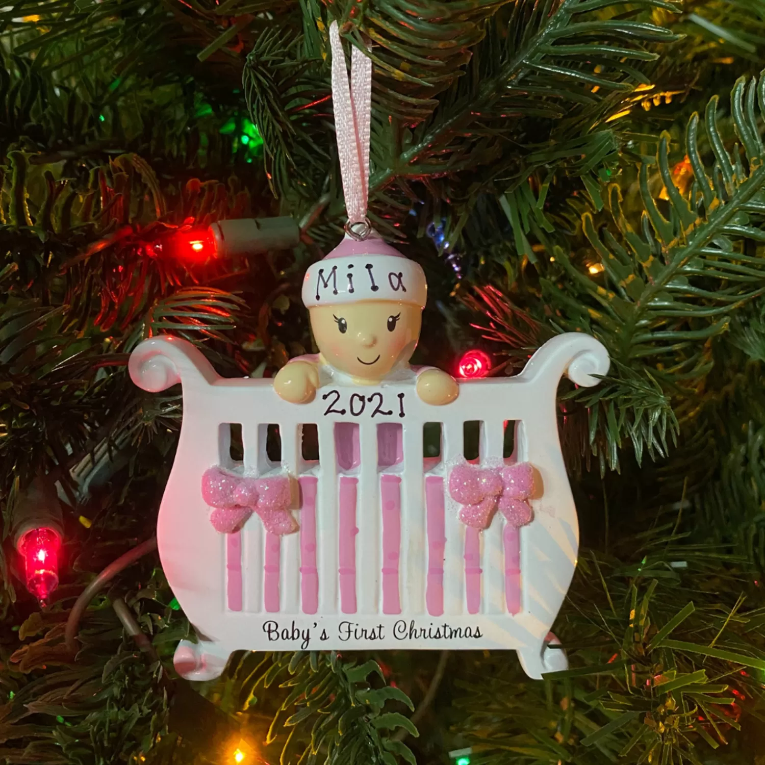 The Jolly Christmas Shop Personalized Ornaments·Baby's First Christmas | Baby's 1St Christmas | Baby Girl In Crib Personalized Christmas Ornament OR1732-P