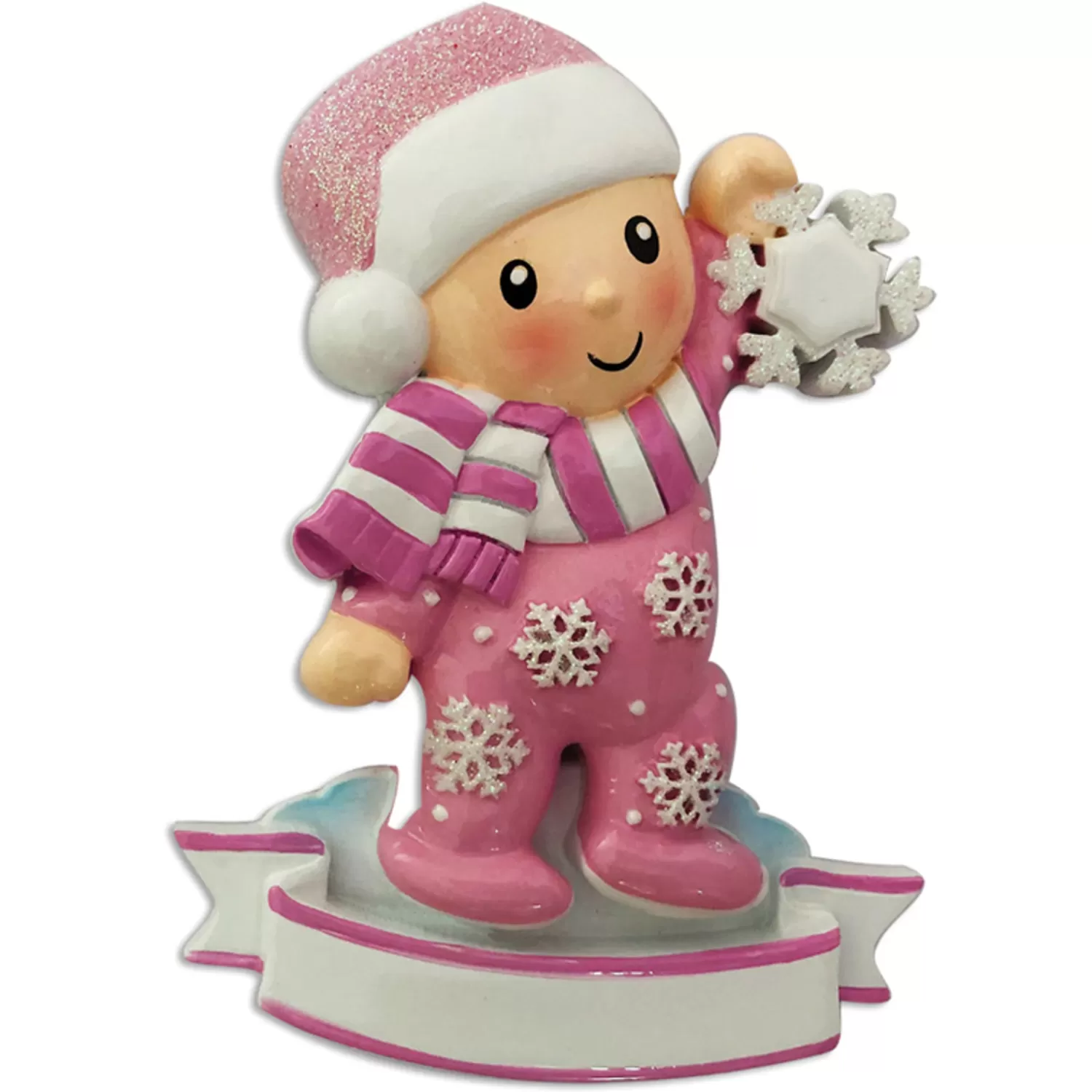 The Jolly Christmas Shop Pink Christmas Decorations | Personalized Ornaments·Baby's First Christmas | Baby Girl In Pink Pajamas Holding Snowflake Personalized Christmas Ornament OR1920-P