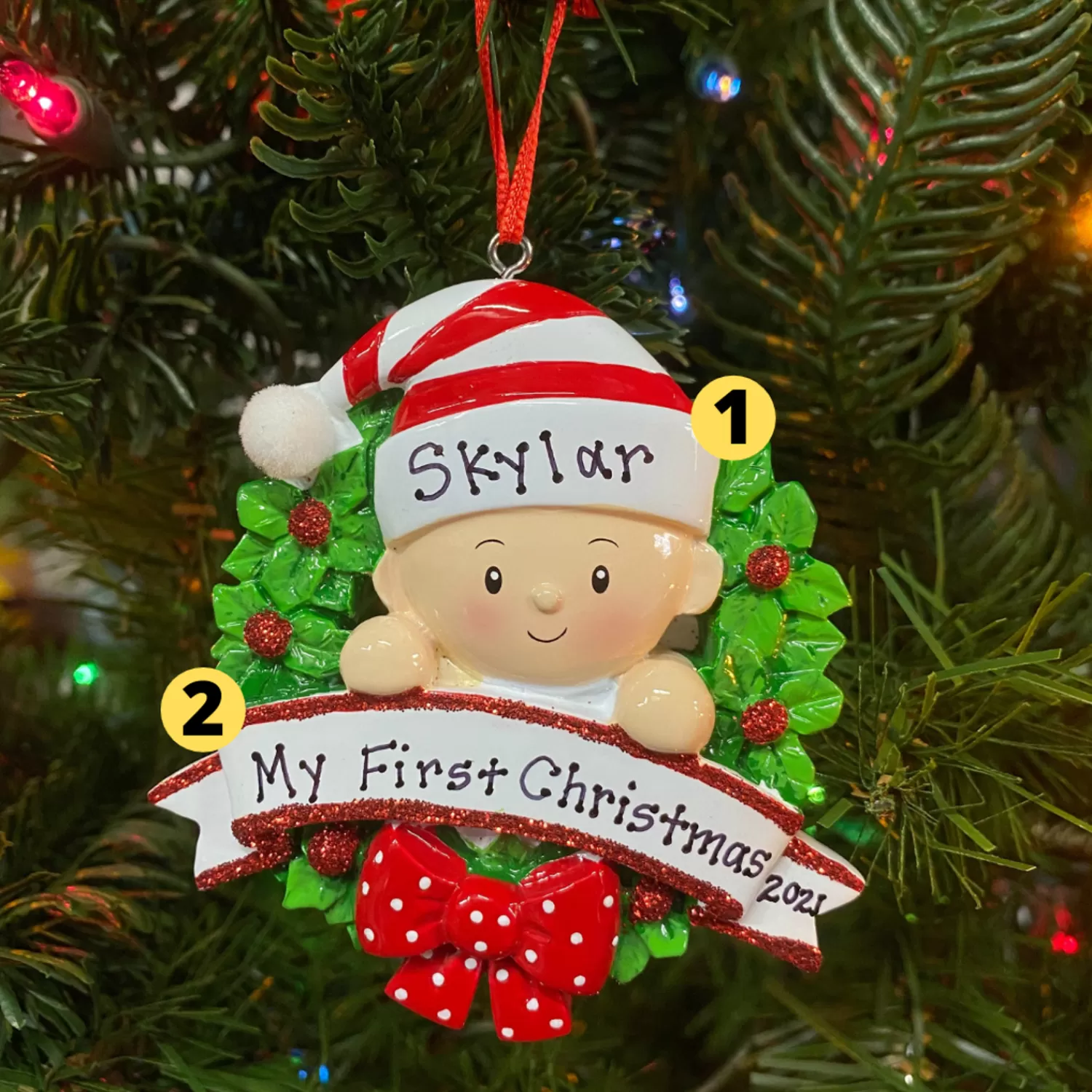 The Jolly Christmas Shop Personalized Ornaments·Baby's First Christmas | Baby's 1St Christmas | Baby In A Red And Green Wreath Personalized Christmas Ornament OR1746-RG
