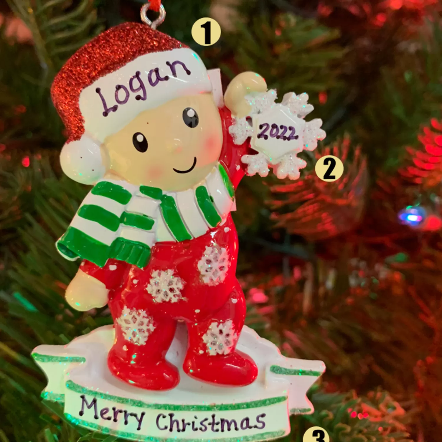 The Jolly Christmas Shop Personalized Ornaments·Baby's First Christmas | Baby's 1St Christmas | Baby In Red And Green Pajamas Holding Snowflake Personalized Christmas Ornament OR1920-RG