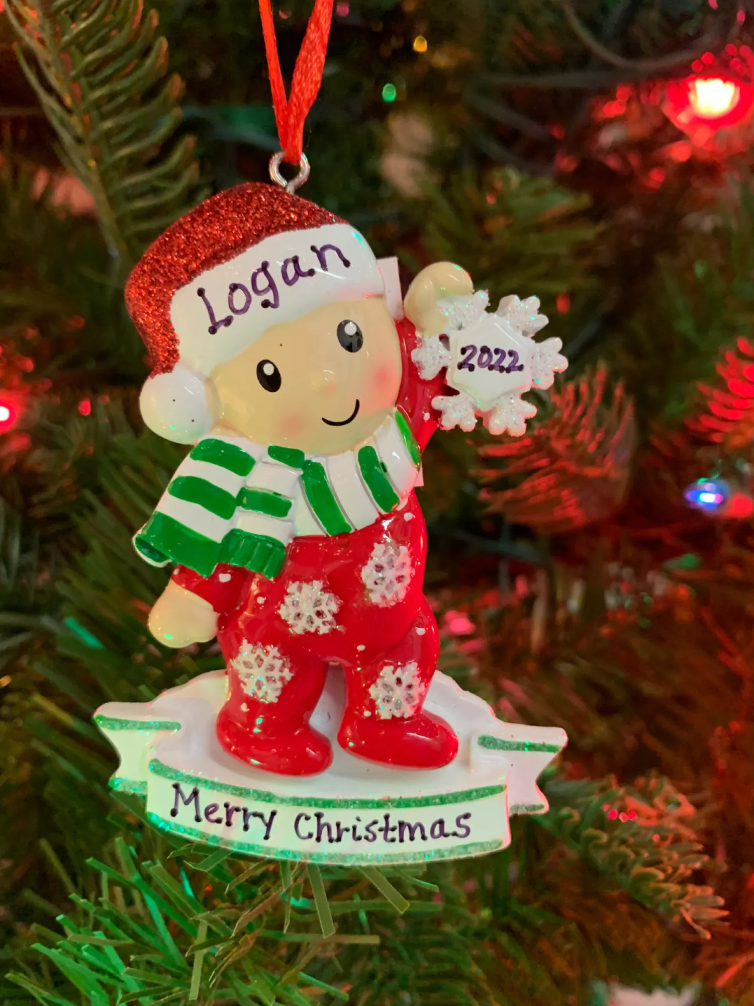 The Jolly Christmas Shop Personalized Ornaments·Baby's First Christmas | Baby's 1St Christmas | Baby In Red And Green Pajamas Holding Snowflake Personalized Christmas Ornament OR1920-RG