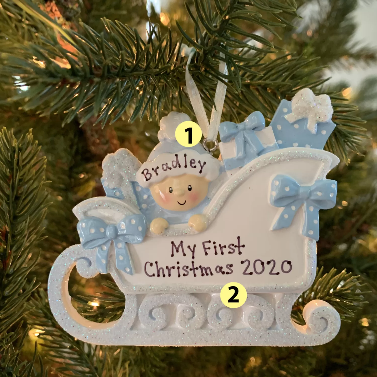 The Jolly Christmas Shop Personalized Ornaments·Baby's First Christmas | Baby's 1St Christmas | Baby's First Christmas Boy In Sleigh Personalized Christmas Ornament OR1649-B