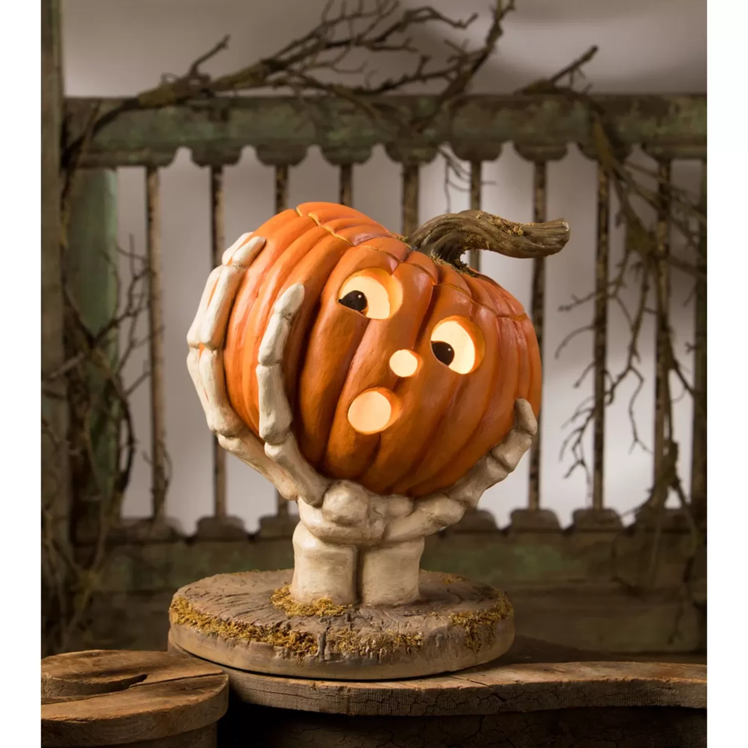 The Jolly Christmas Shop Halloween Indoor Decorations | Bethany Lowe 12.25" Ut-Oh Gotcha Pumpkin With Skeleton Hand Halloween Decoration TD3143