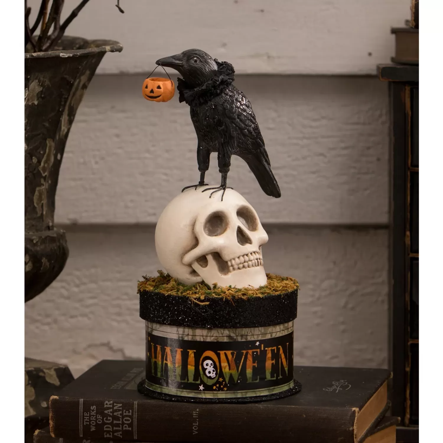 The Jolly Christmas Shop Halloween Indoor Decorations | Bethany Lowe 9" Crow And Skull On Box Halloween Decoration TL3356