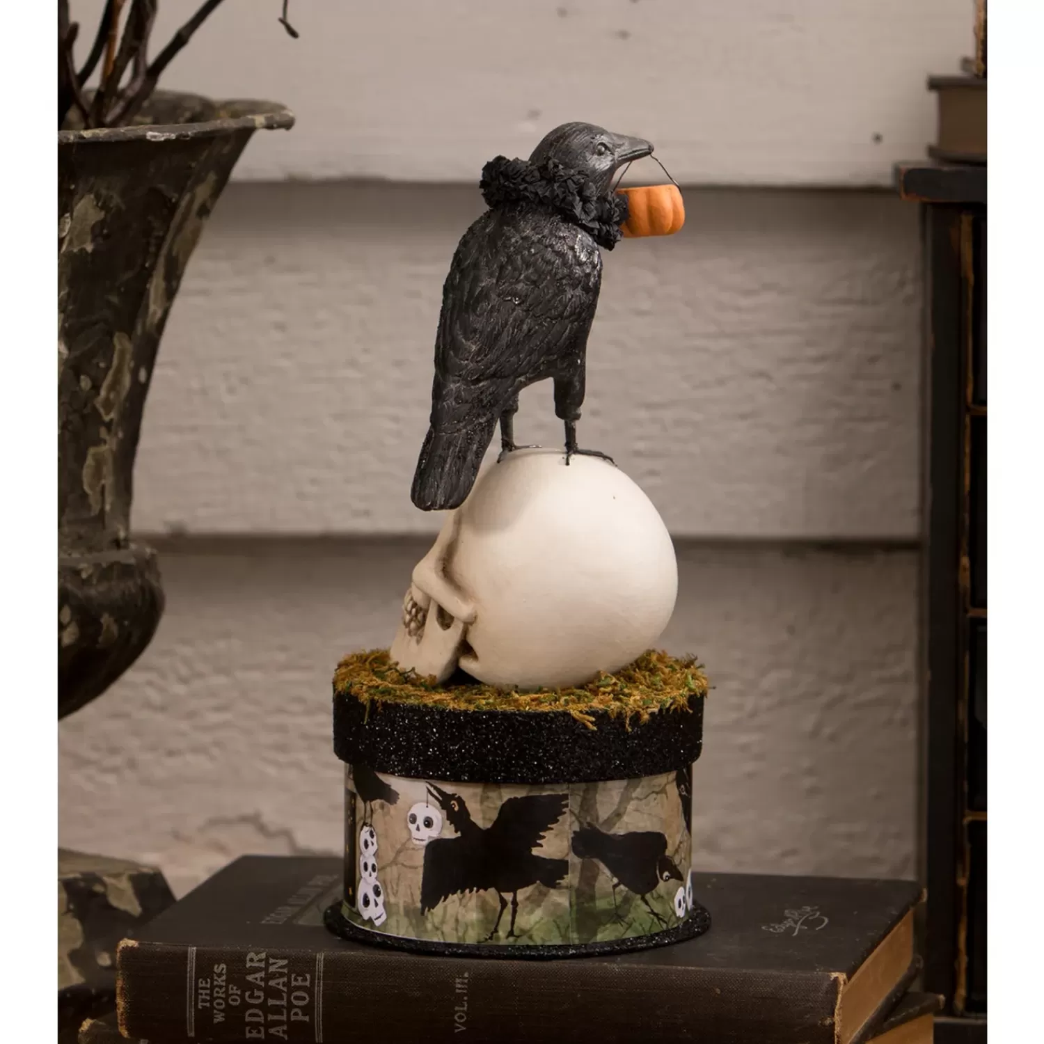 The Jolly Christmas Shop Halloween Indoor Decorations | Bethany Lowe 9" Crow And Skull On Box Halloween Decoration TL3356