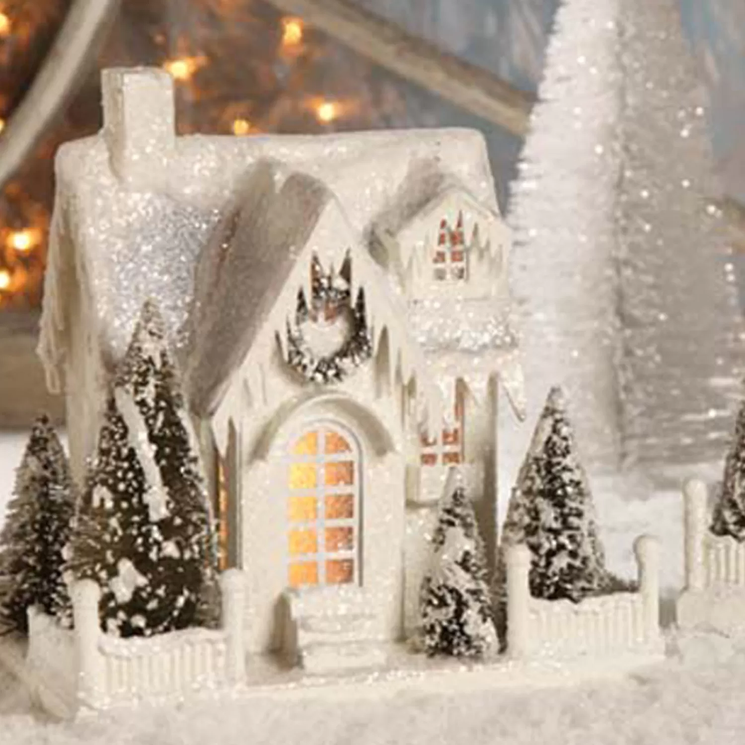 The Jolly Christmas Shop Vintage Decorations | Vintage Reincarnated | Bethany Lowe 9" Large Vintage Ivory Cottage Christmas House LG1775