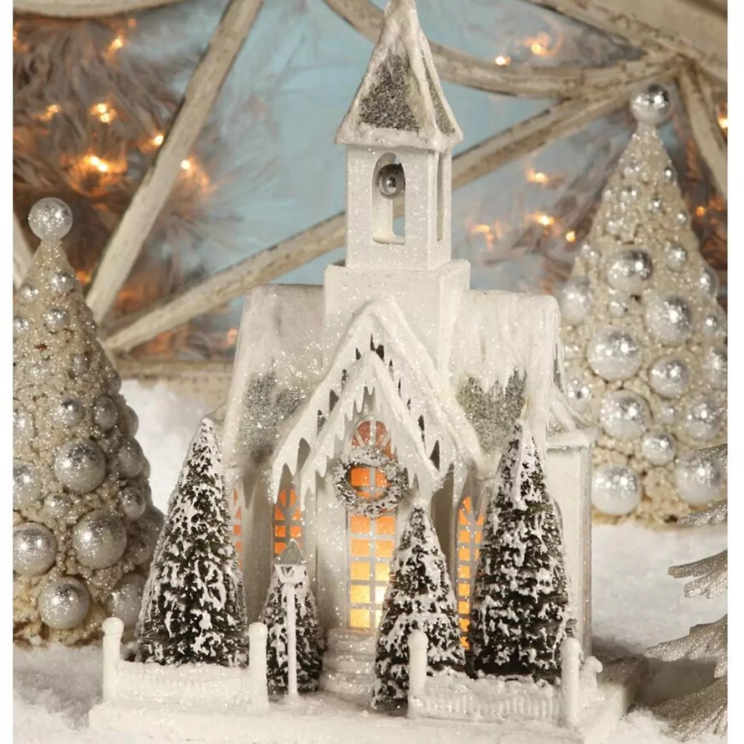 The Jolly Christmas Shop Tinsel Town | Snowflake Soiree | Bethany Lowe Large Ivory Church Christmas Decoration LG1776