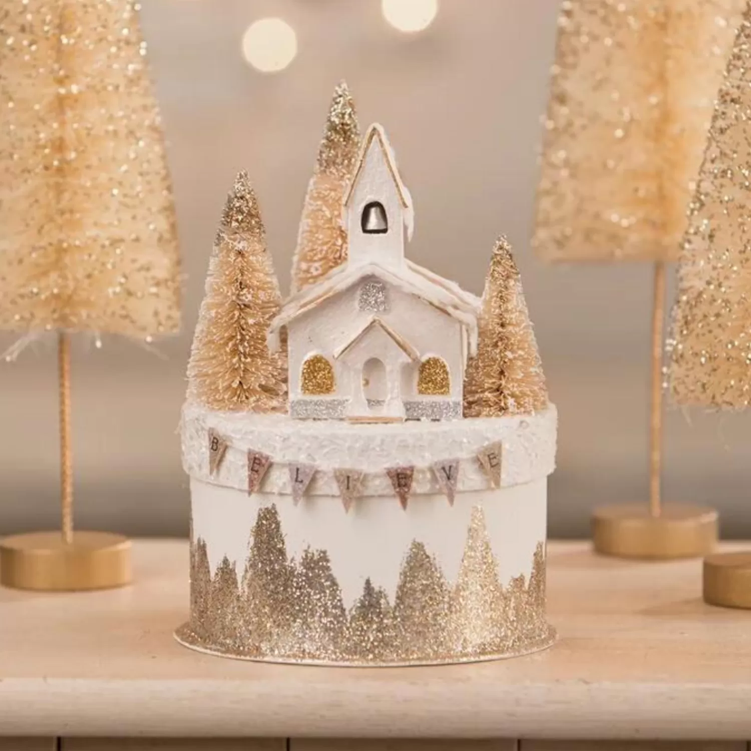 The Jolly Christmas Shop Gingerbread Lane | Religious | Bethany Lowe Metallic Church On Box Christmas Decoration TL1347