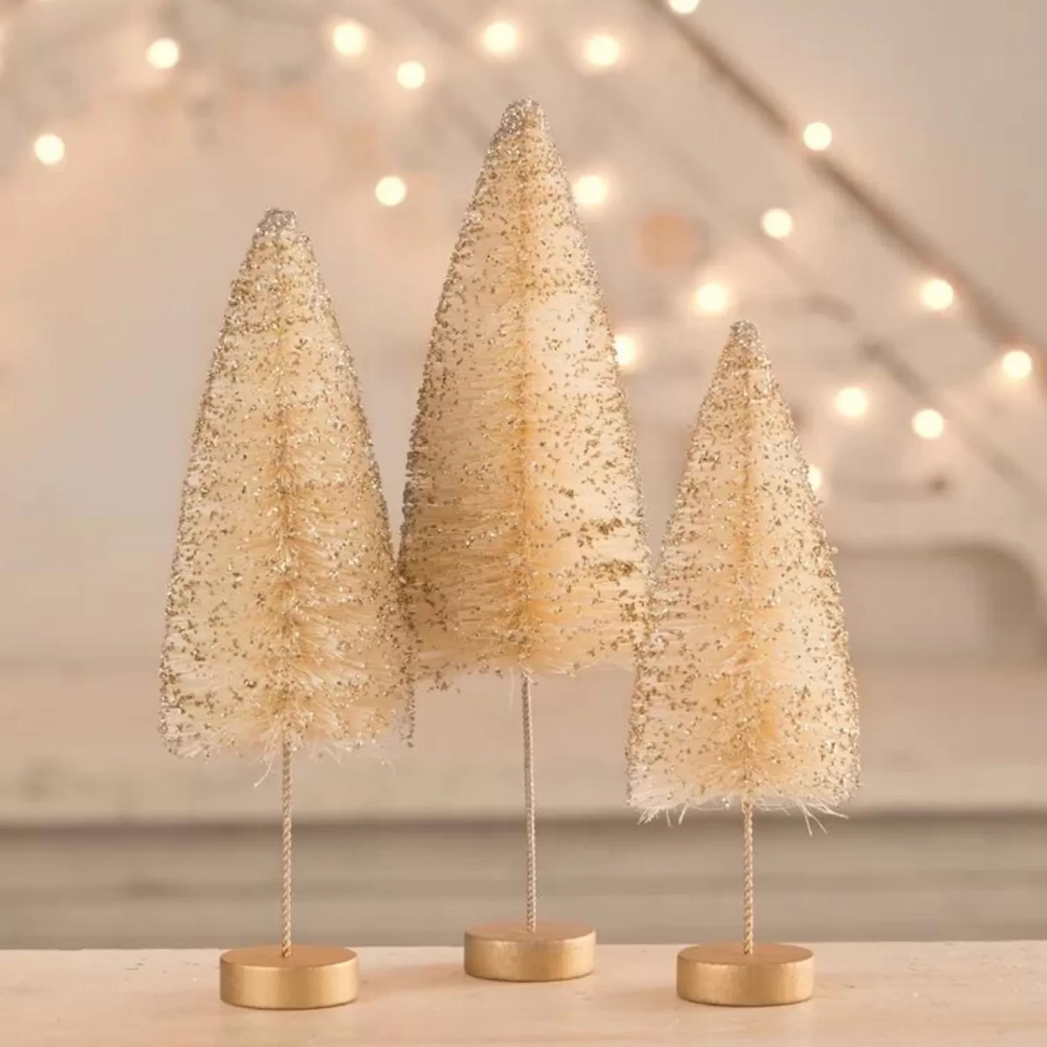 The Jolly Christmas Shop Trees, Wreaths & Garlands | Figurines | Bethany Lowe Set Of 3 Opal Gold Glow Bottle Brush Trees Christmas Decoration LC1616