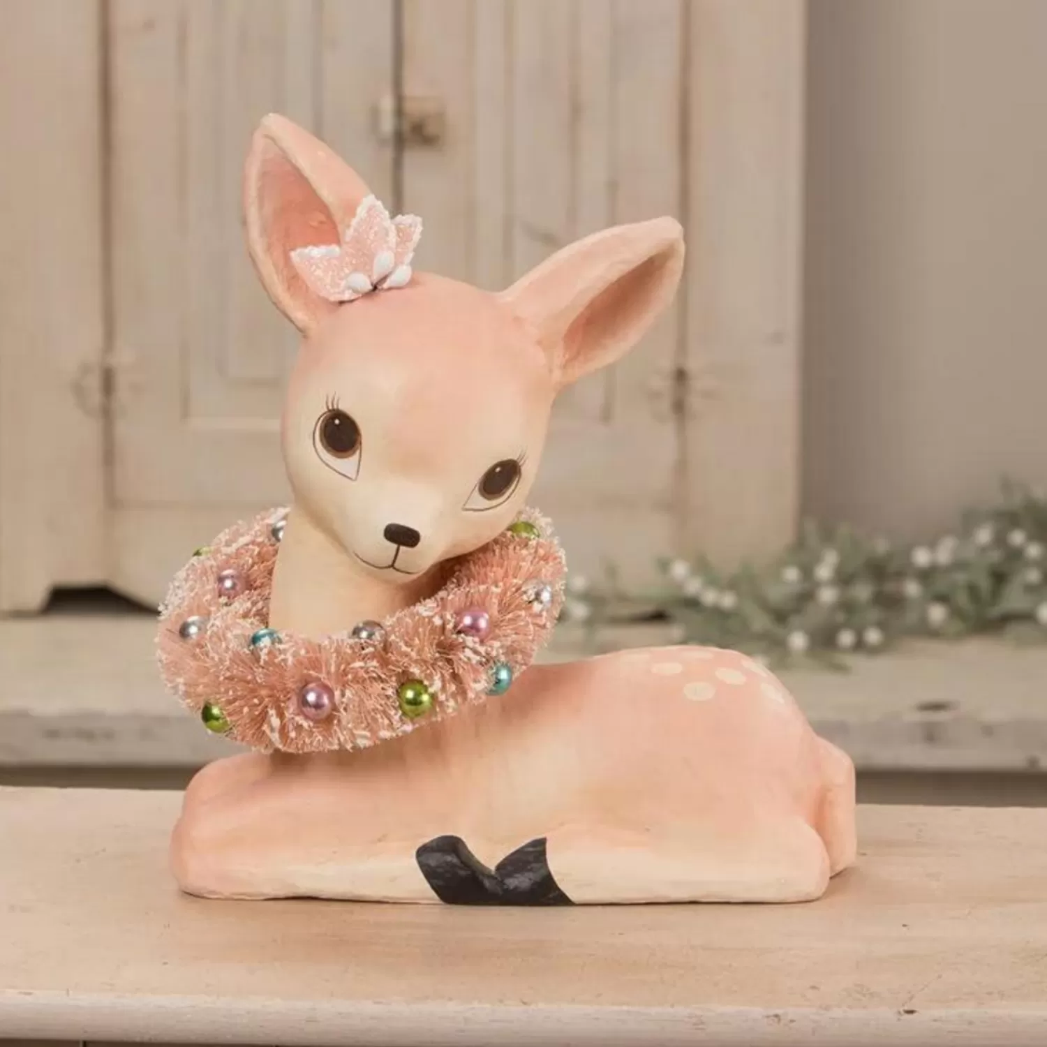The Jolly Christmas Shop Pink Christmas Decorations | Figures | Bethany Lowe Sweet Pastel Pink Fawn With Wreath Paper Mache Christmas Decoration TJ1320