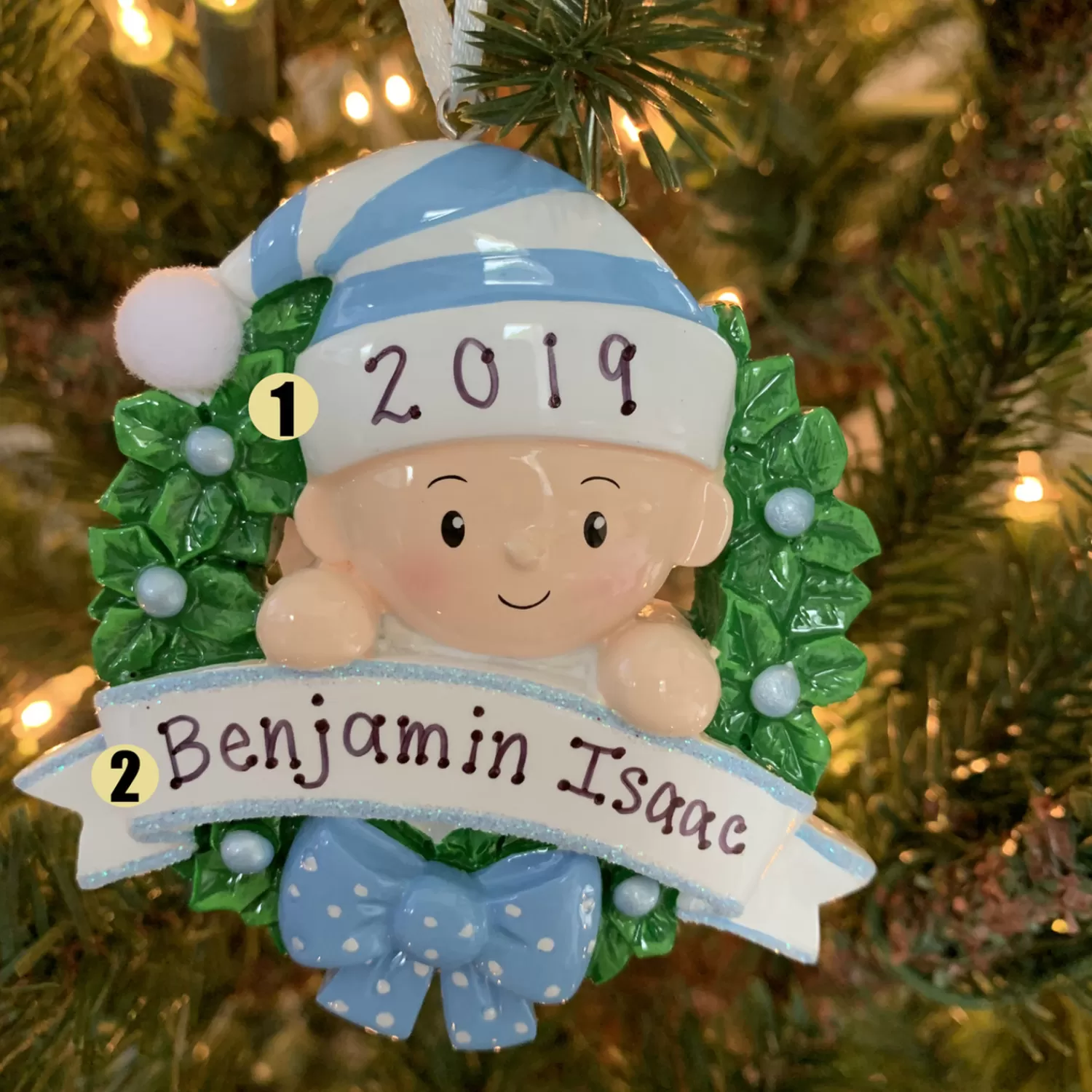 The Jolly Christmas Shop Personalized Ornaments·Baby's First Christmas | Baby's 1St Christmas | Blue Baby Boy In Wreath Personalized Christmas Ornament OR1746-B
