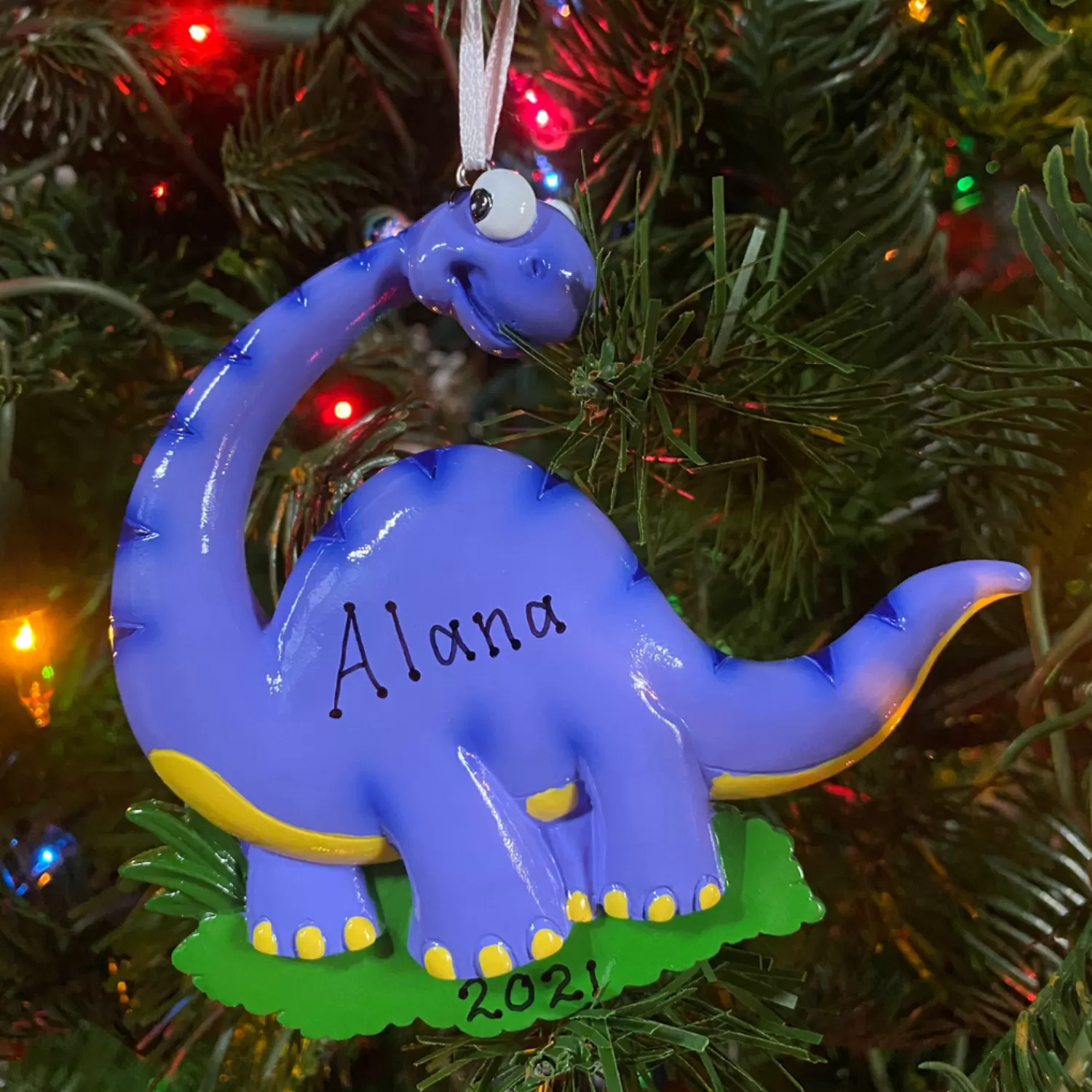 The Jolly Christmas Shop Personalized Ornaments·Misc. | Animals·Wildlife | Blue Long Neck Dinosaur Personalized Christmas Ornament OR816-B