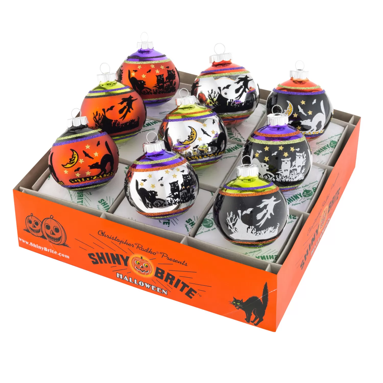The Jolly Christmas Shop Shiny Brite Halloween | Shiny Brite | Christopher Radko Shiny Brite 2.5" Signature Flocked Round Halloween Ornaments 4026973