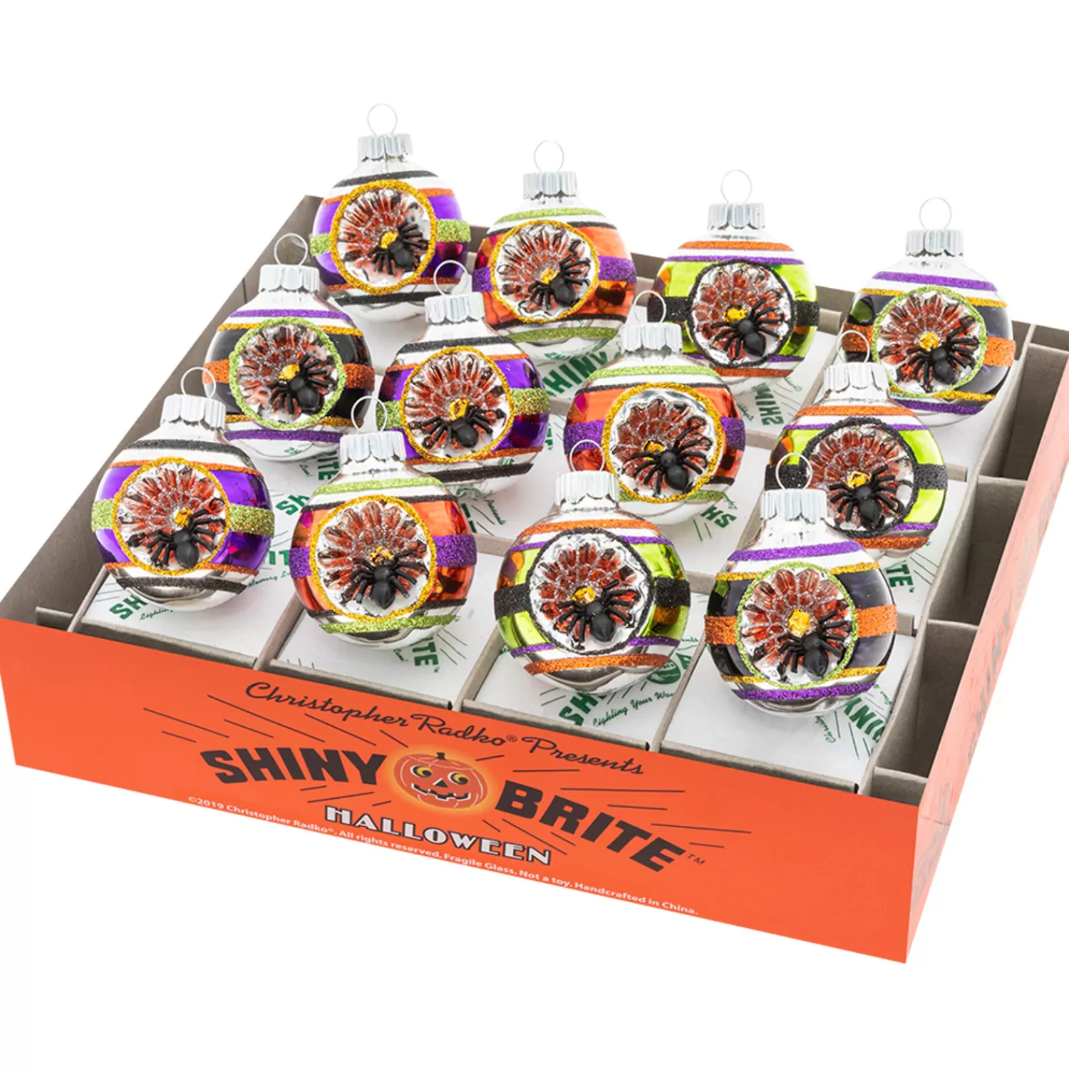 The Jolly Christmas Shop Shiny Brite Halloween | Halloween Ornaments | Christopher Radko Shiny Brite Halloween 12 Count 1.75" Decorated Rounds With Reflectors 4028050