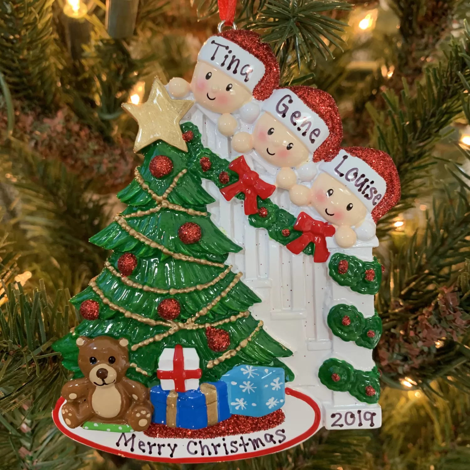 The Jolly Christmas Shop Personalized Ornaments·Family Ornaments | Family Of 3 Around The Christmas Tree Personalized Ornament OR1789-3