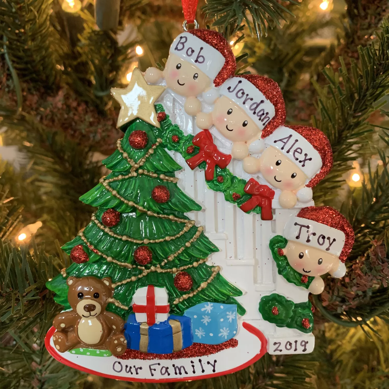 The Jolly Christmas Shop Personalized Ornaments·Family Ornaments | Family Of 4 Around The Christmas Tree Personalized Ornament OR1789-4