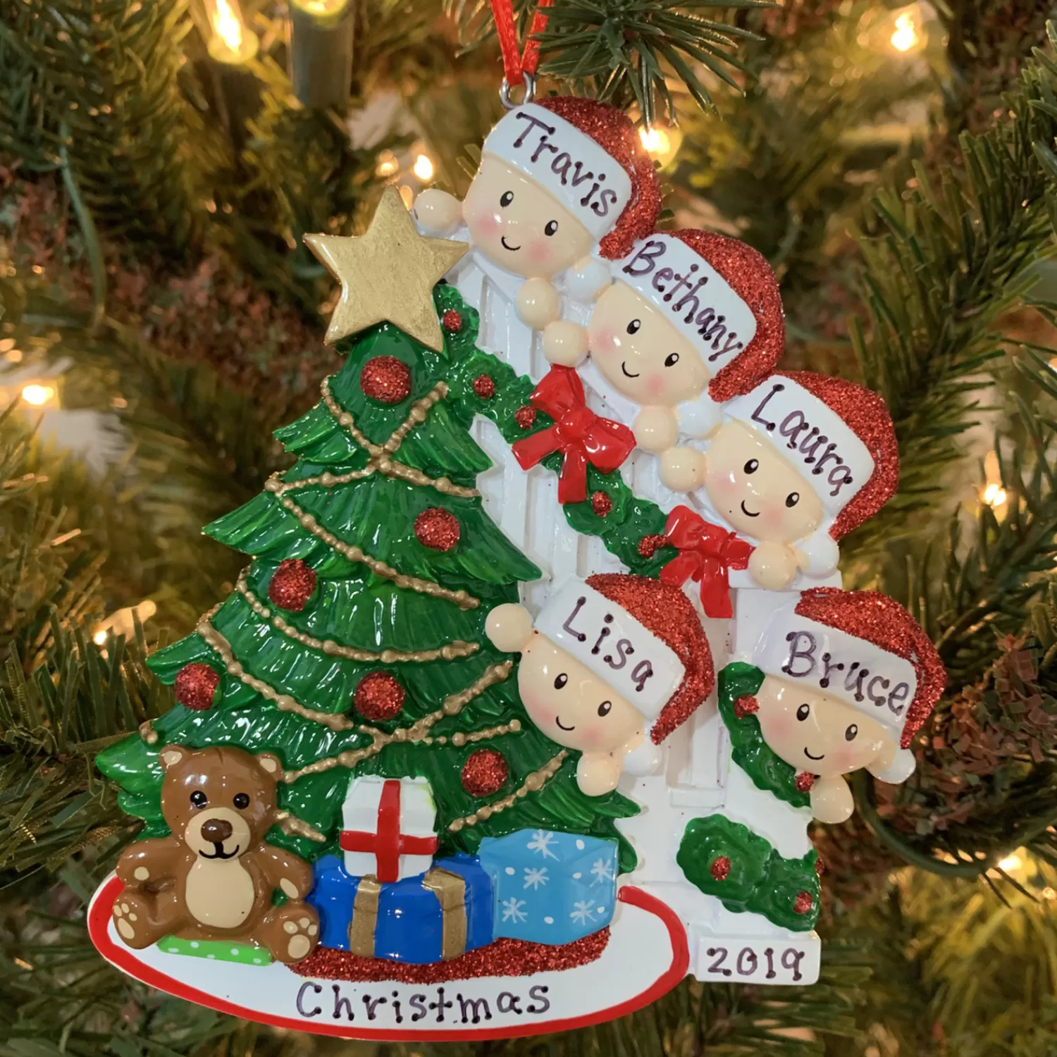 The Jolly Christmas Shop Personalized Ornaments·Family Ornaments | Family Of 5 Around The Christmas Tree Personalized Ornament OR1789-5