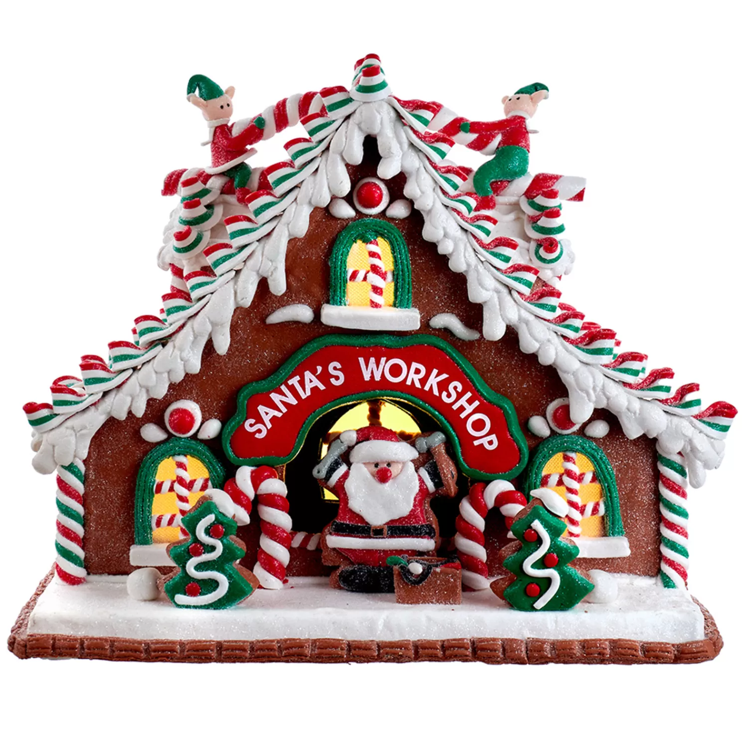The Jolly Christmas Shop Gingerbread | Candy Land | Kurt Adler 10.5" Battery Operated Lighted Santa's Workshop Gingerbread Christmas House GBJ0039
