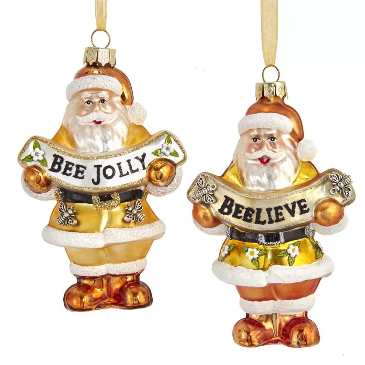 The Jolly Christmas Shop Santa Christmas Decorations | Animals·Wildlife | Kurt Adler 4.5" Gold And White Santa With Bee Banner Glass Christmas Ornament T2707