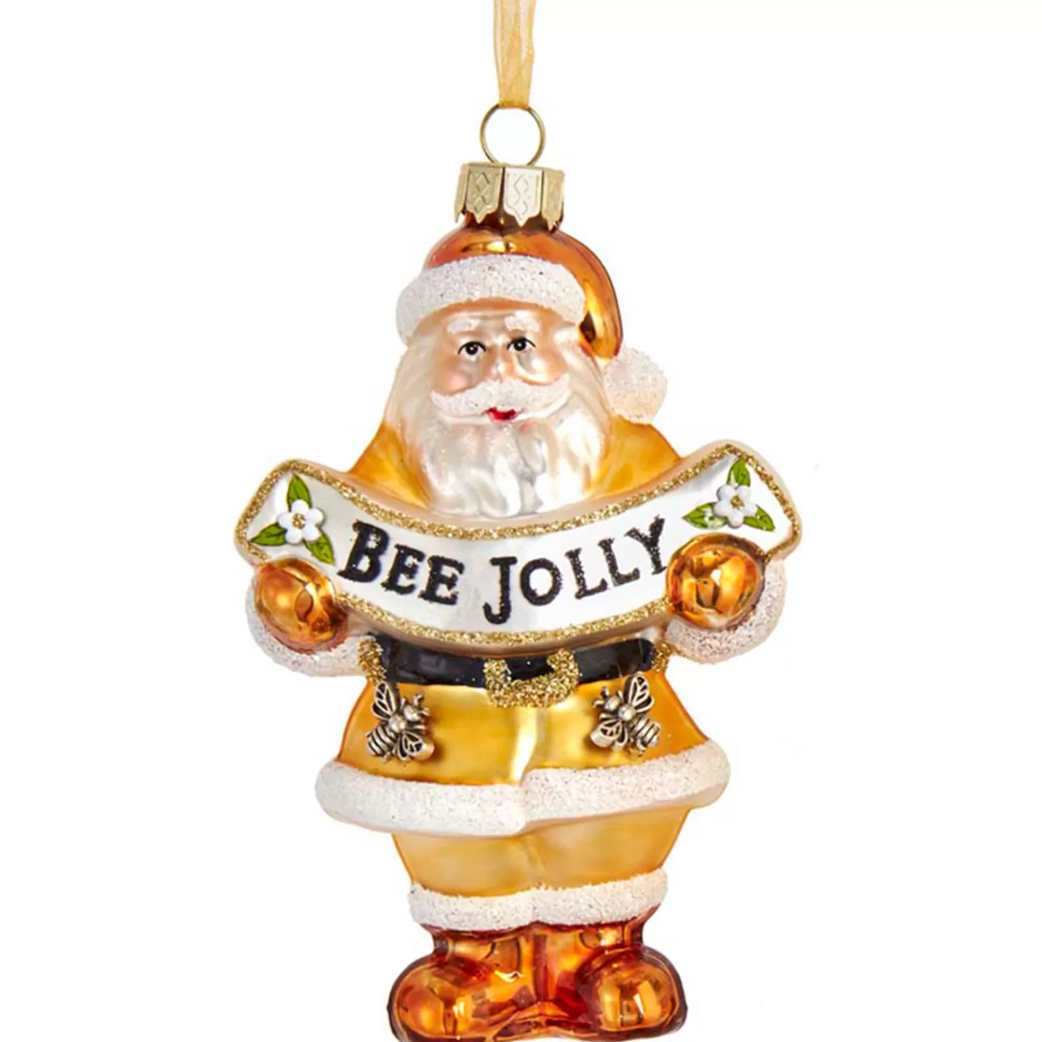 The Jolly Christmas Shop Santa Christmas Decorations | Animals·Wildlife | Kurt Adler 4.5" Gold And White Santa With Bee Banner Glass Christmas Ornament T2707
